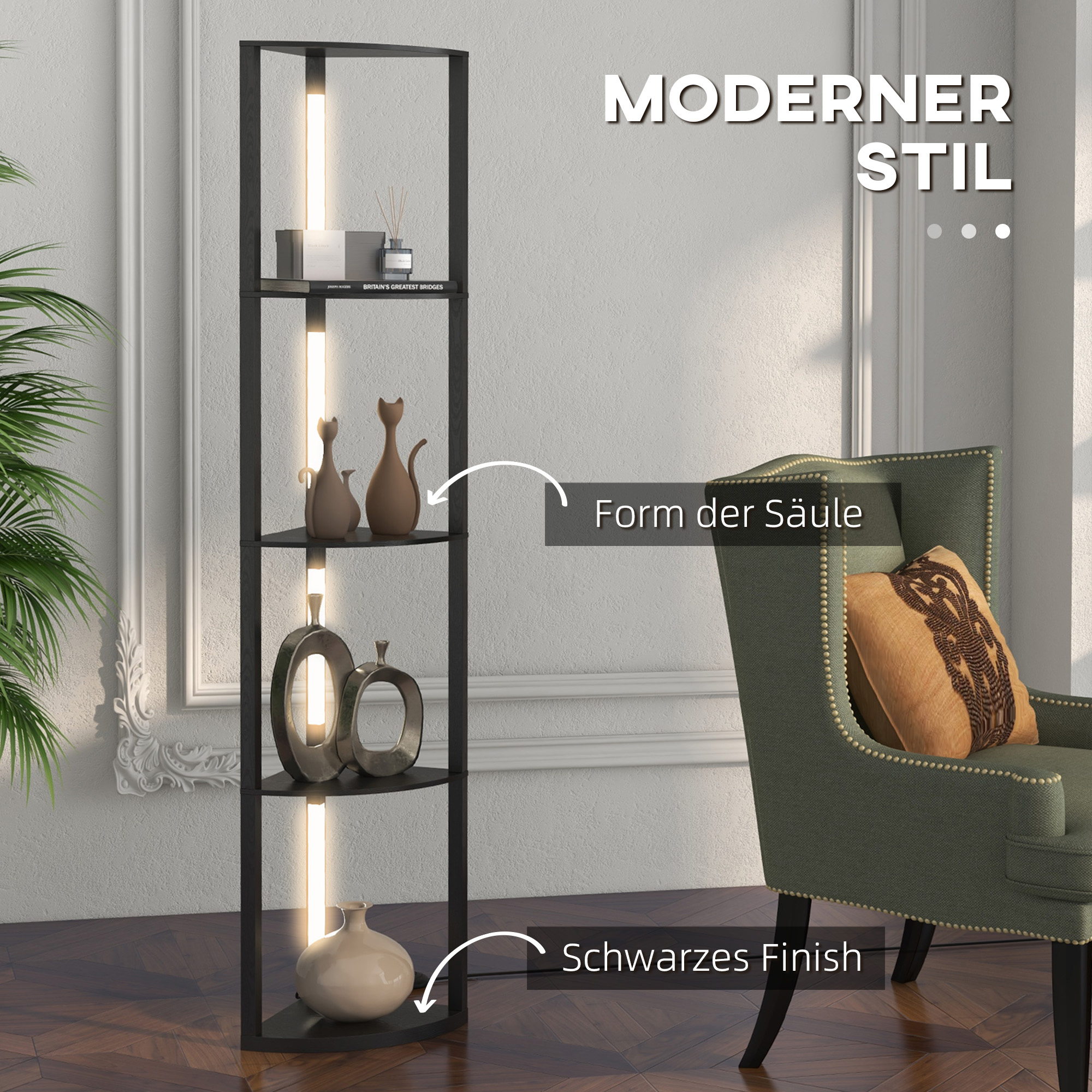 LED Standleuchte, Eckregal, dimmbar, 4 Ablagen, warmweißes Licht, 41x30x164cm, Schwarz