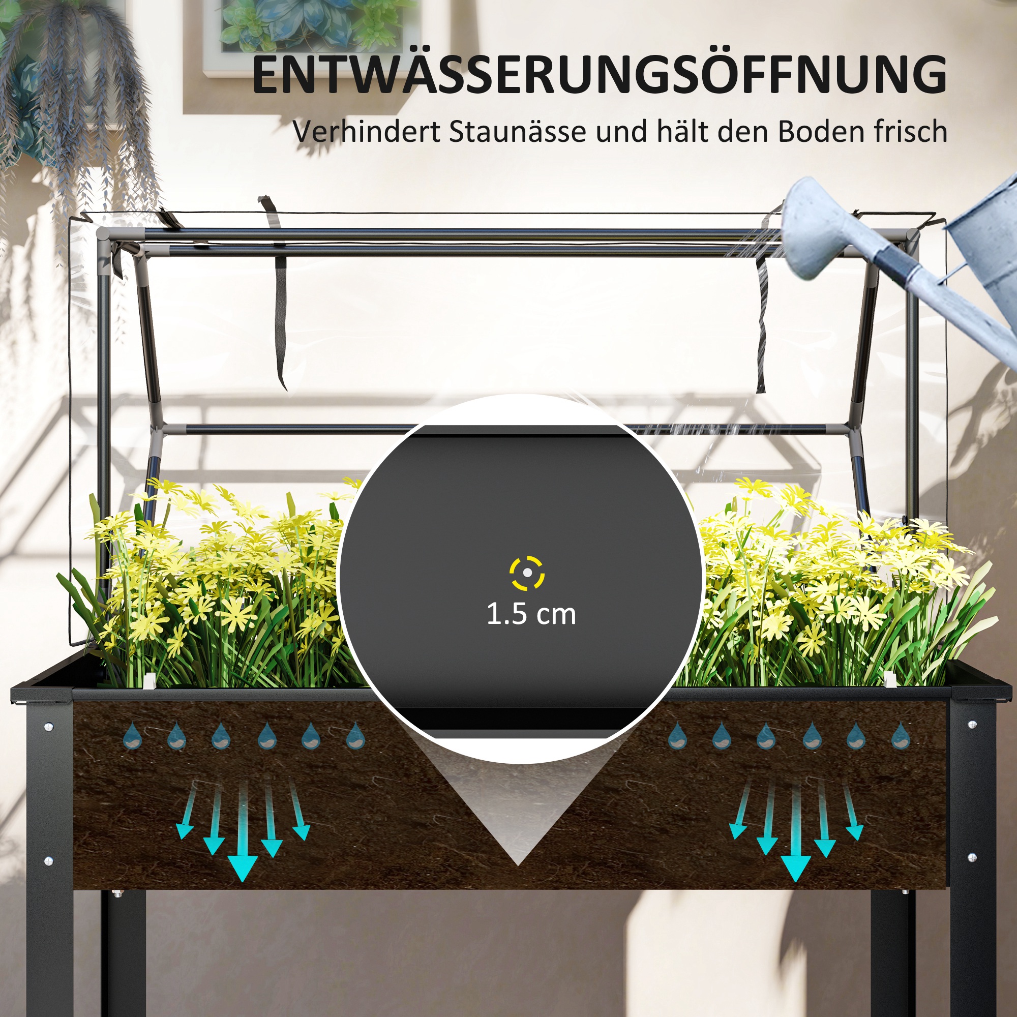 Hochbeet mit Gewächshaus-Dach, erhöhte Pflanzenbox mit Ablauflöchern, 100 x 48 x 124 cm, Schwarz