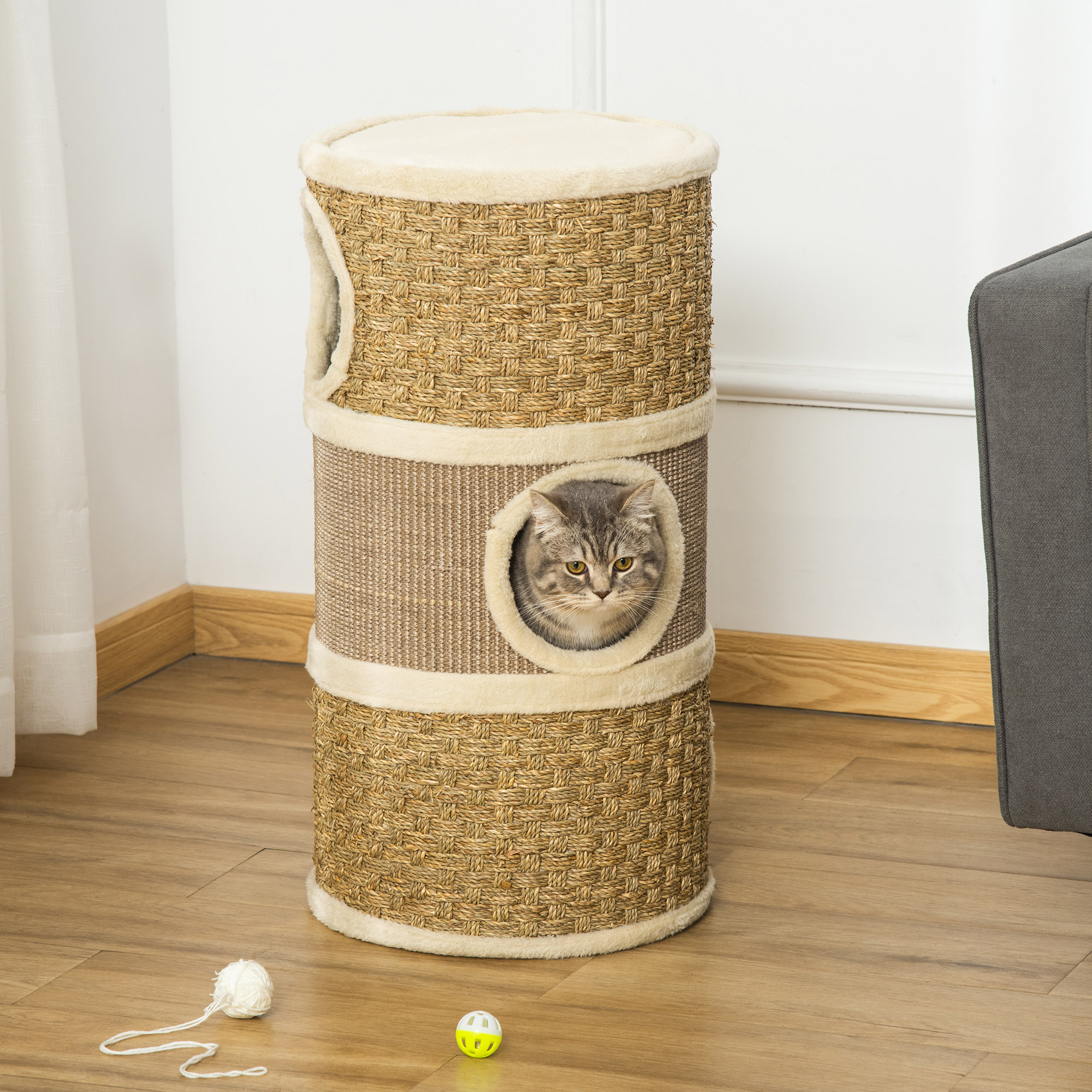 Kratztonne, Höhe 70 cm, Katzenkratzbaum für katzen 3 Ebenen Katzenbaum Kletterbaum Katzenmöbel mit Sisal Plüsch