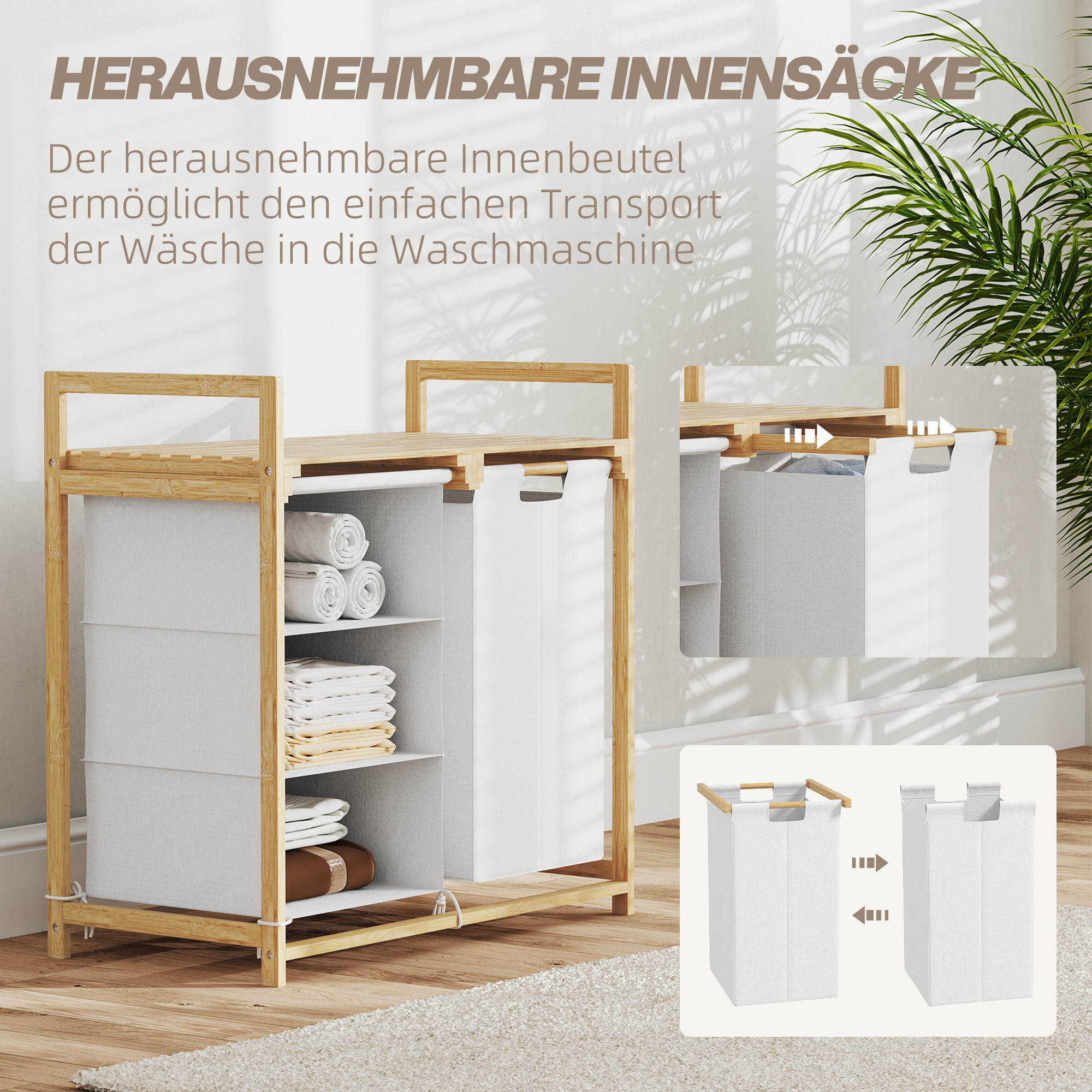 Wäschekorb mit Wäschesack, Stoffschublade, Bambus, 70x36x70 cm, Weiß/Holz