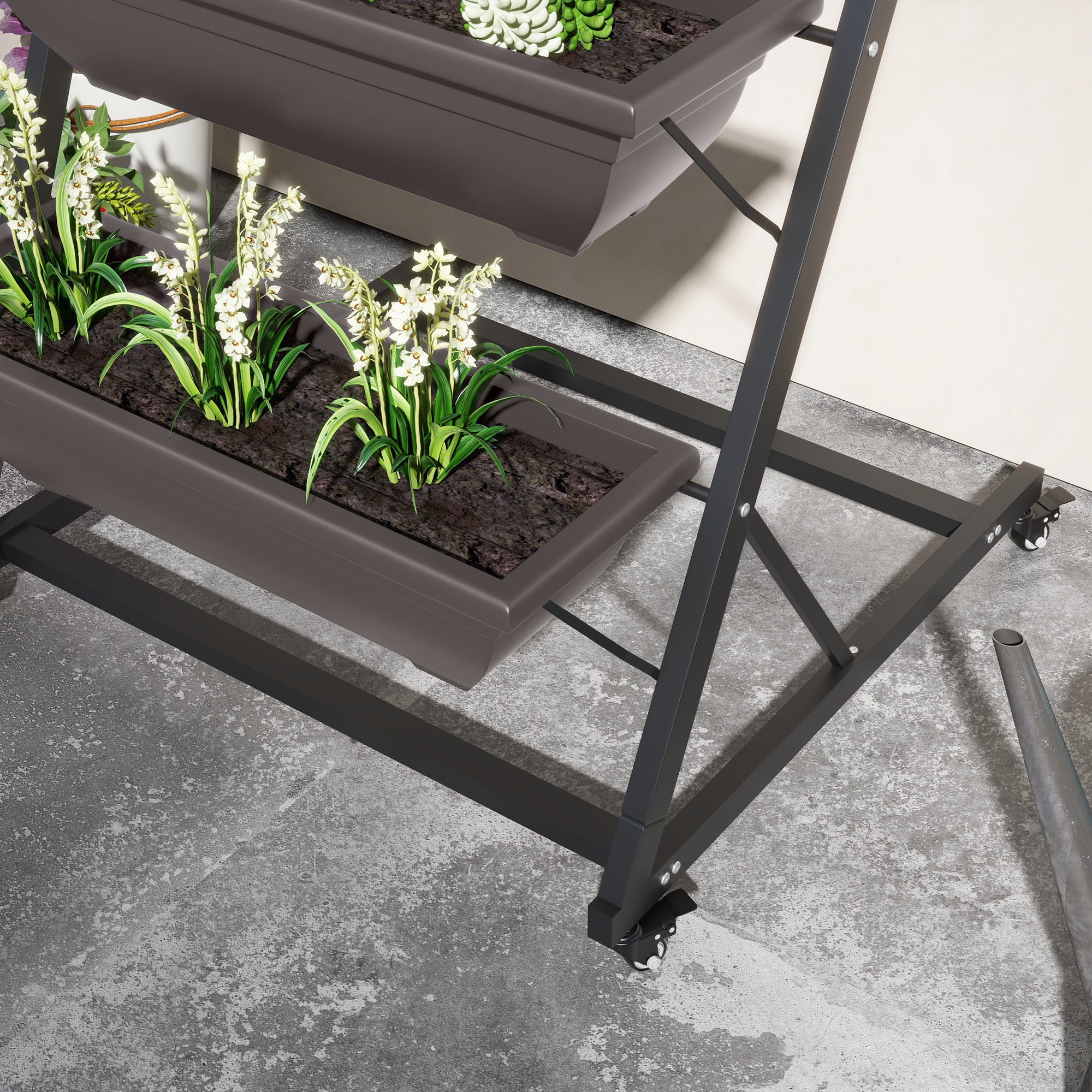 5-Etagen Pflanzenständer, 145 cm hoch Blumenständer mit Rollen Töpfe, Pflanzenregal aus Stahl Braun