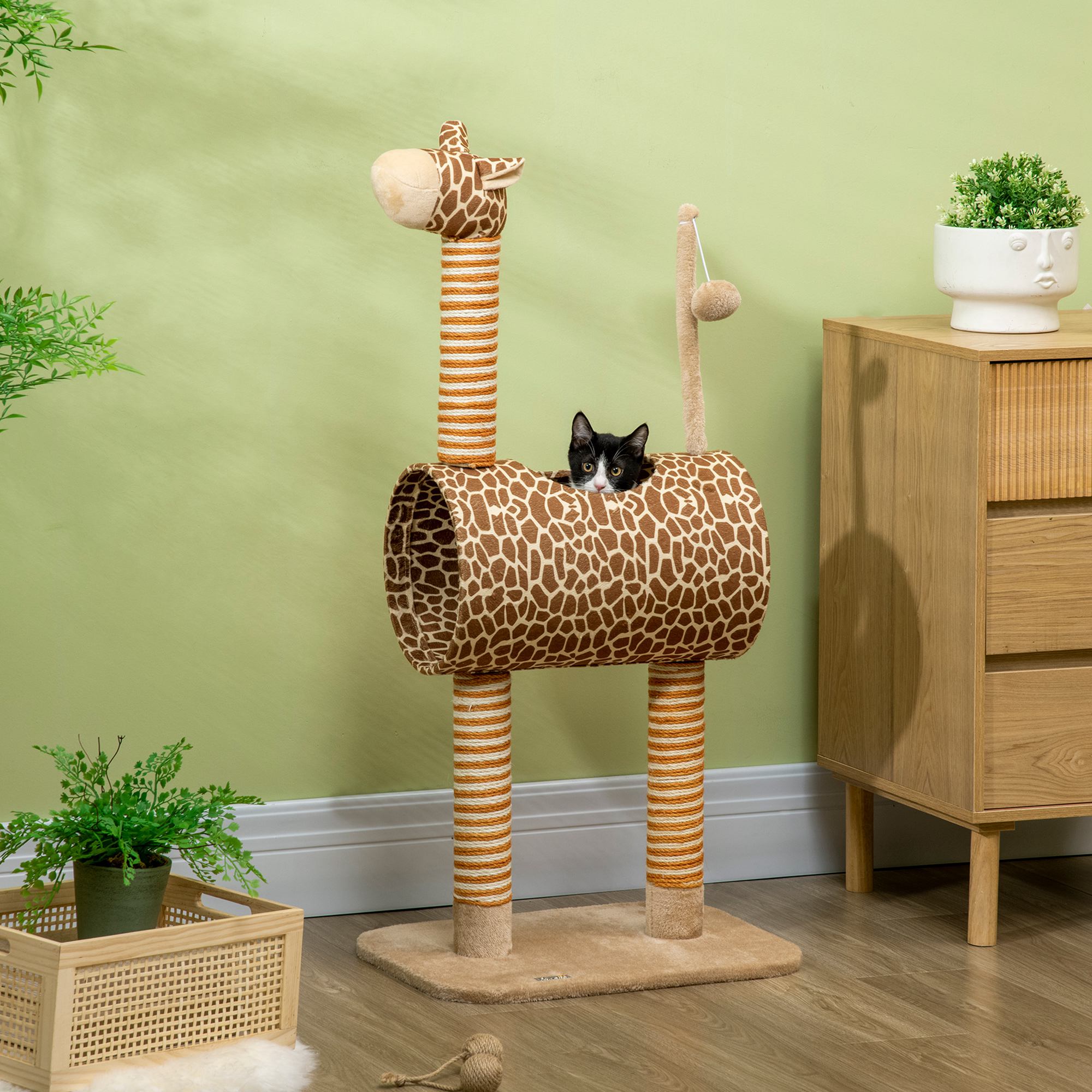 Kratzbaum 101 cm Katzenturm im Giraffendesign, mit Höhle, Spielball, Jutestämme für mittelgroße Katzen bis 5 kg