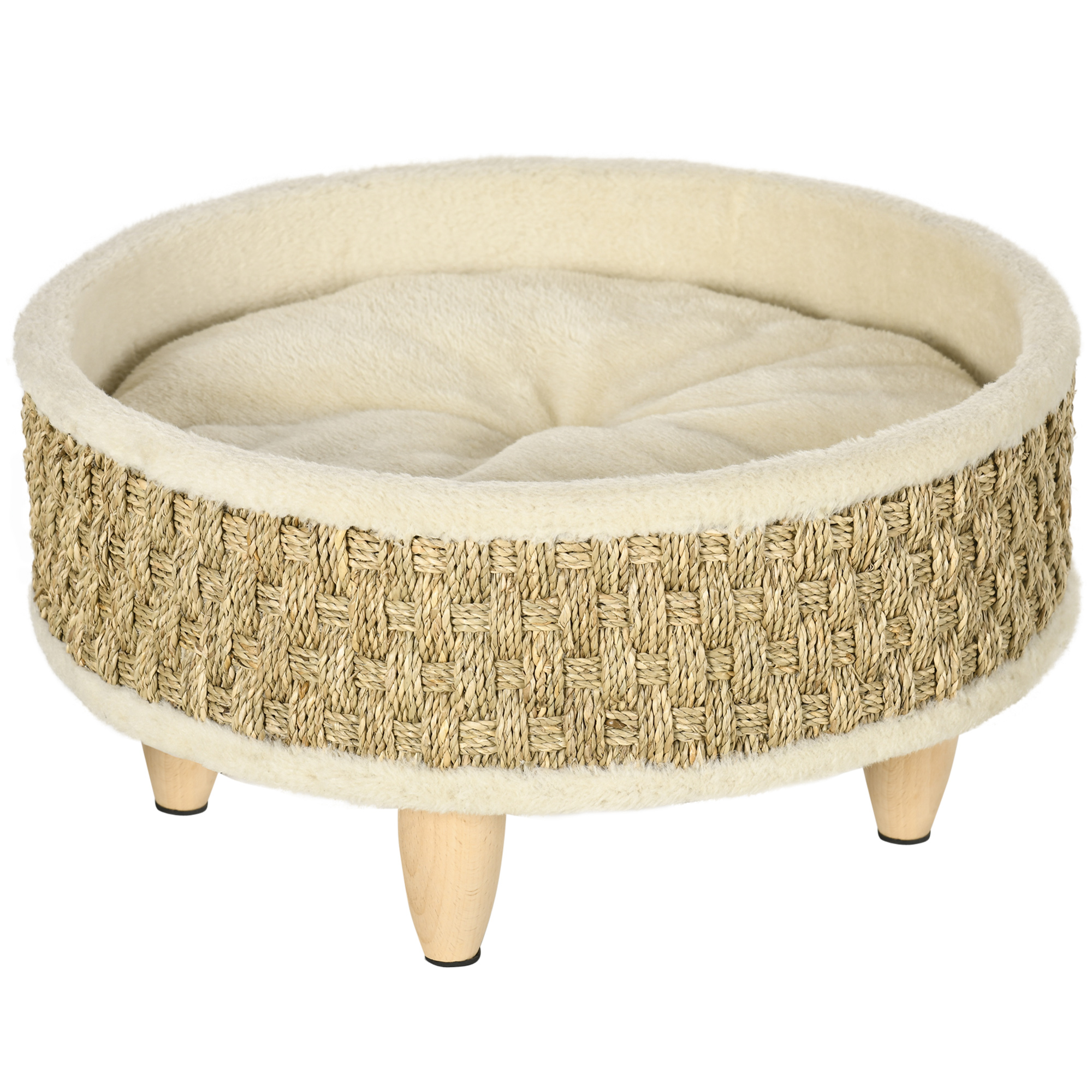 Haustierbett für Katzen und Hunde, Seegras, waschbares Kissen, 48 cm x 48 cm x 24,5 cm, Beige + Khaki - Natur