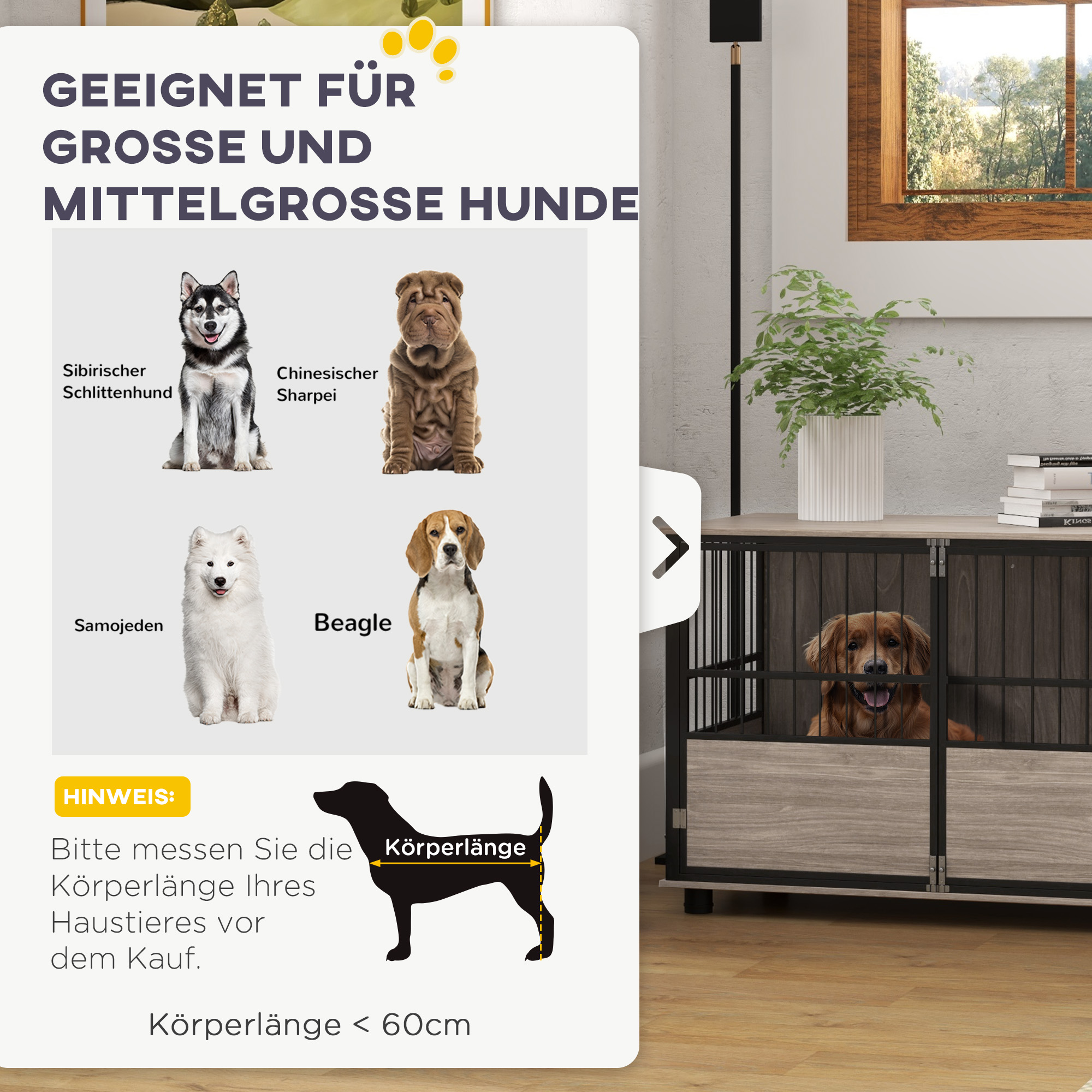 Hundebox, robust & stilvoll, 100x60x68cm, Walnussholz-Finish & Schwarz