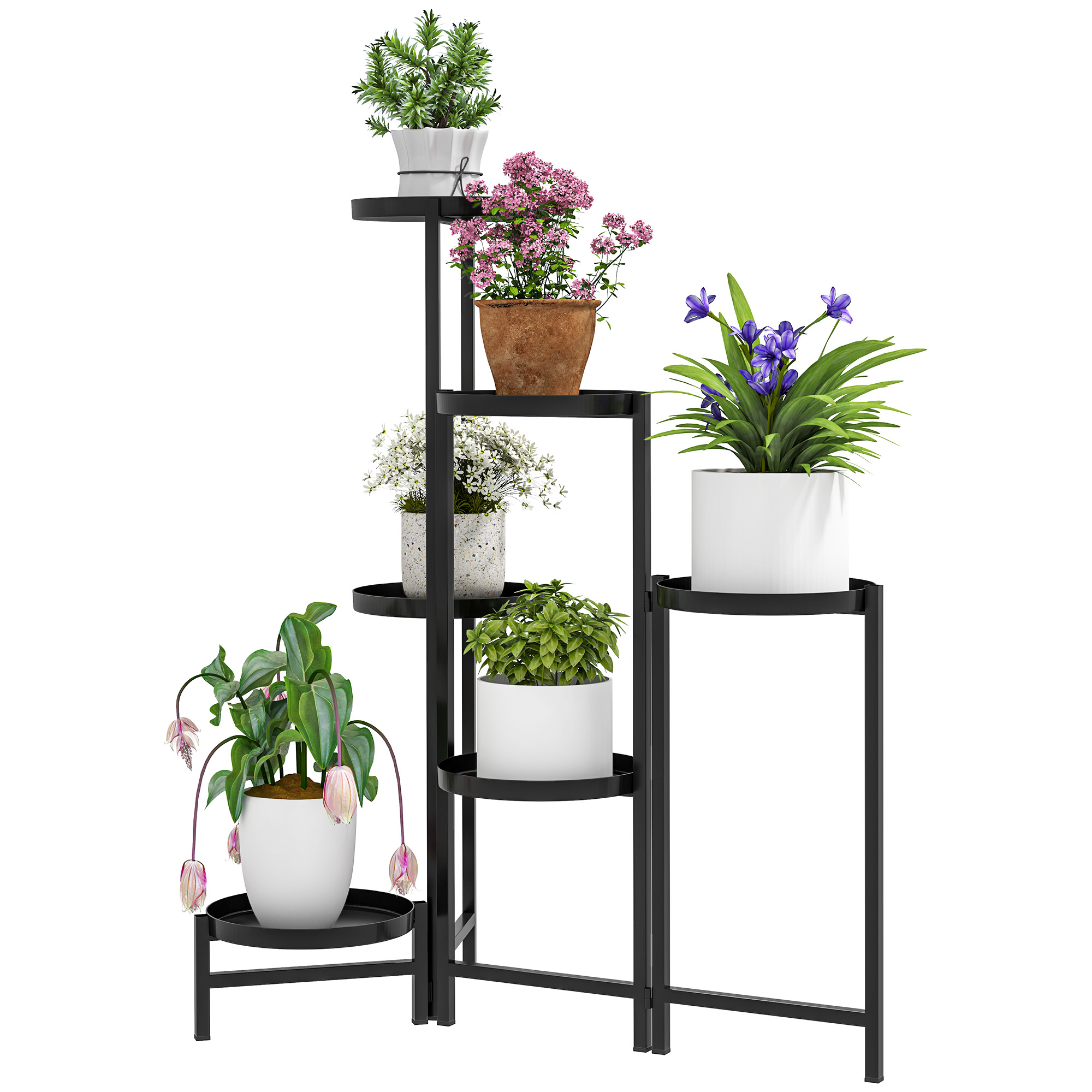 Blumentopfständer, Pflanzenständer mit 6 verstellbaren runden Ebenen, Eckständer für Pflanzentöpfe, Metall, Schwarz
