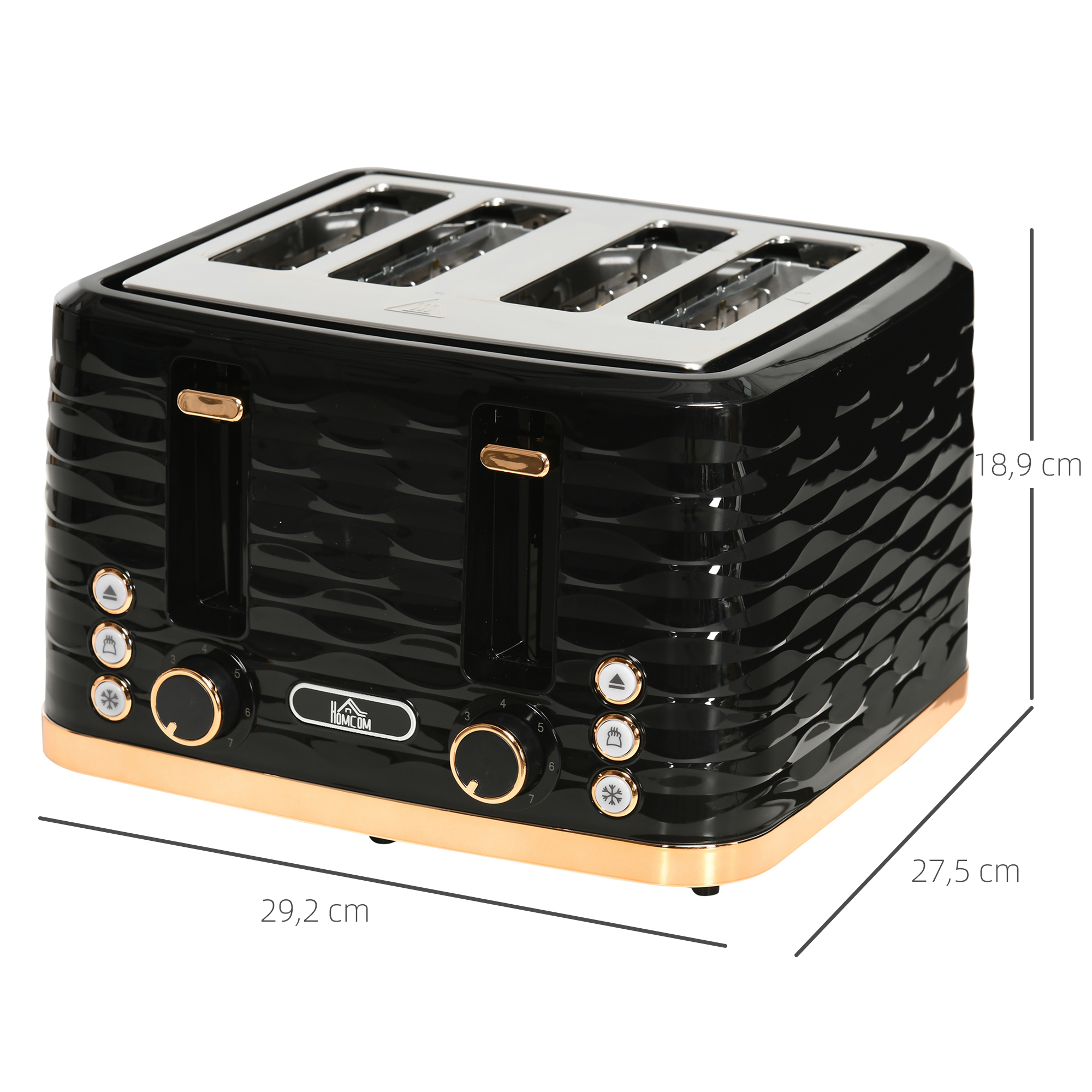 4-Scheiben-Toaster, wellenförmiges Design, mehrere Funktionen, Krümelfach, Schwarz