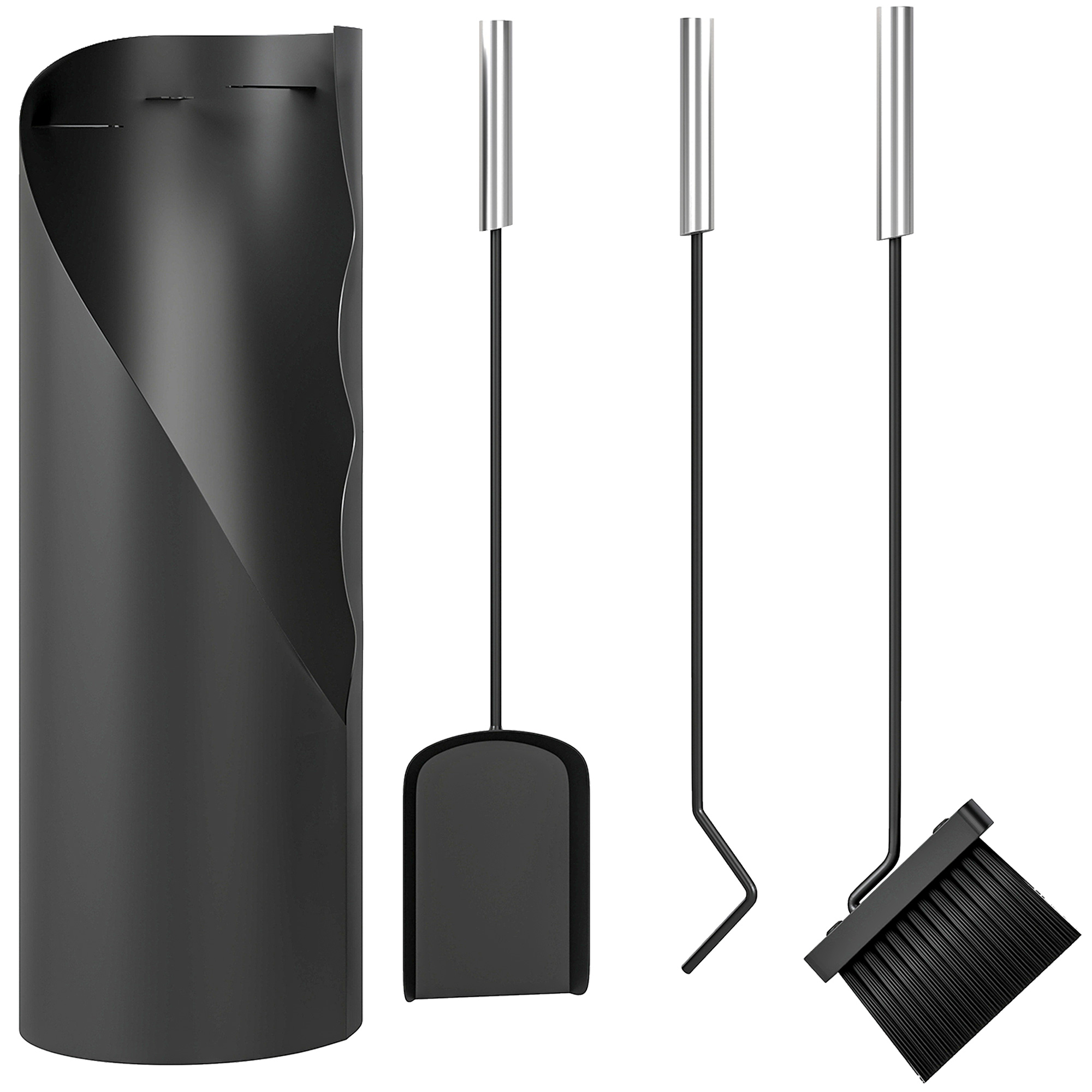 Kaminbesteck Set 4-teilig Kaminzubehör mit Besen, Schaufel, Schürhaken und Korb, Kamingarnitur, Metall, Schwarz