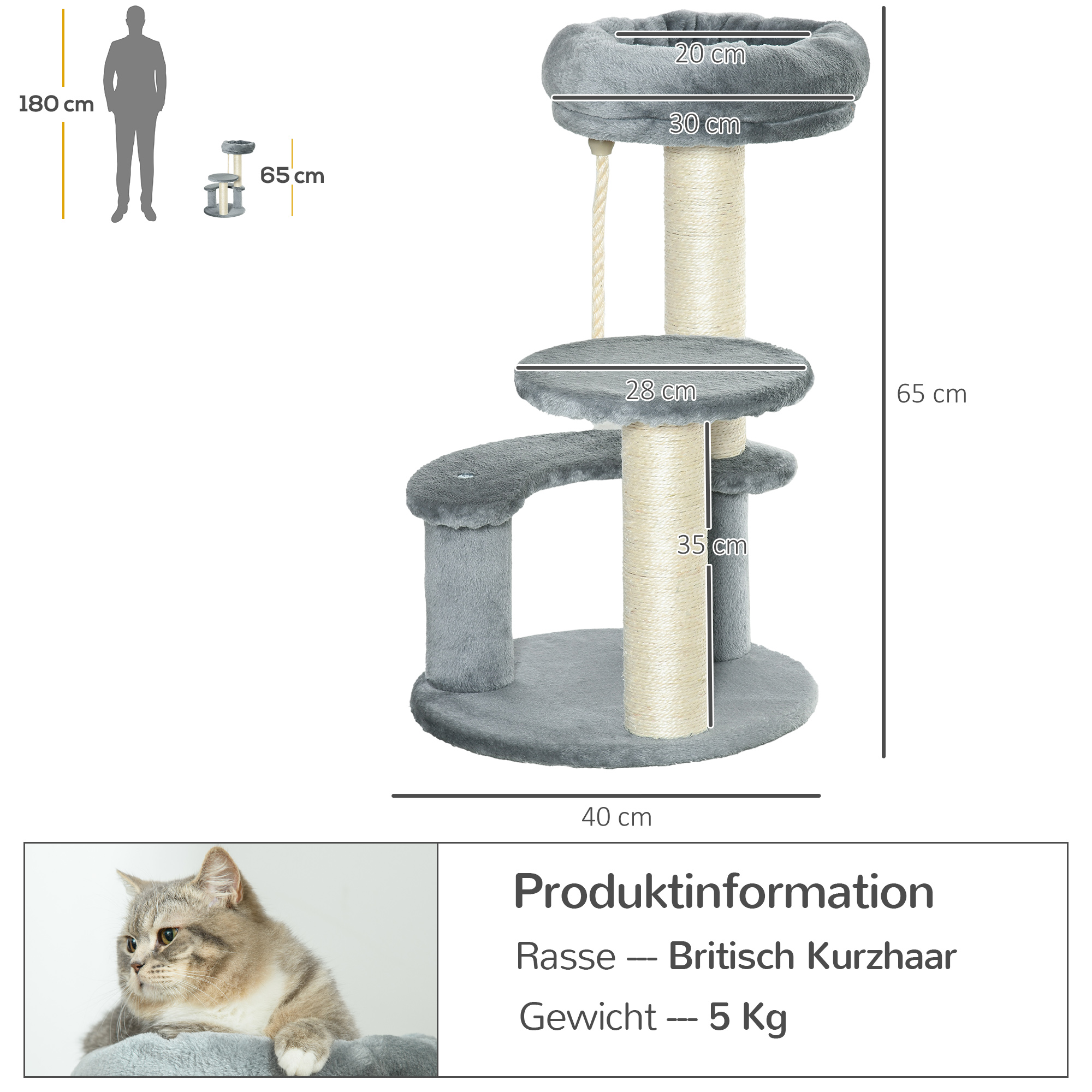 Katzenbaum Kletterbaum mit Hängematte, 3-Stufiger Spielbaum mit Katzenbett Katzenkratzbaum mit Sitzplattform, Sisalsäulen, Grau Ø40 x H65 cm