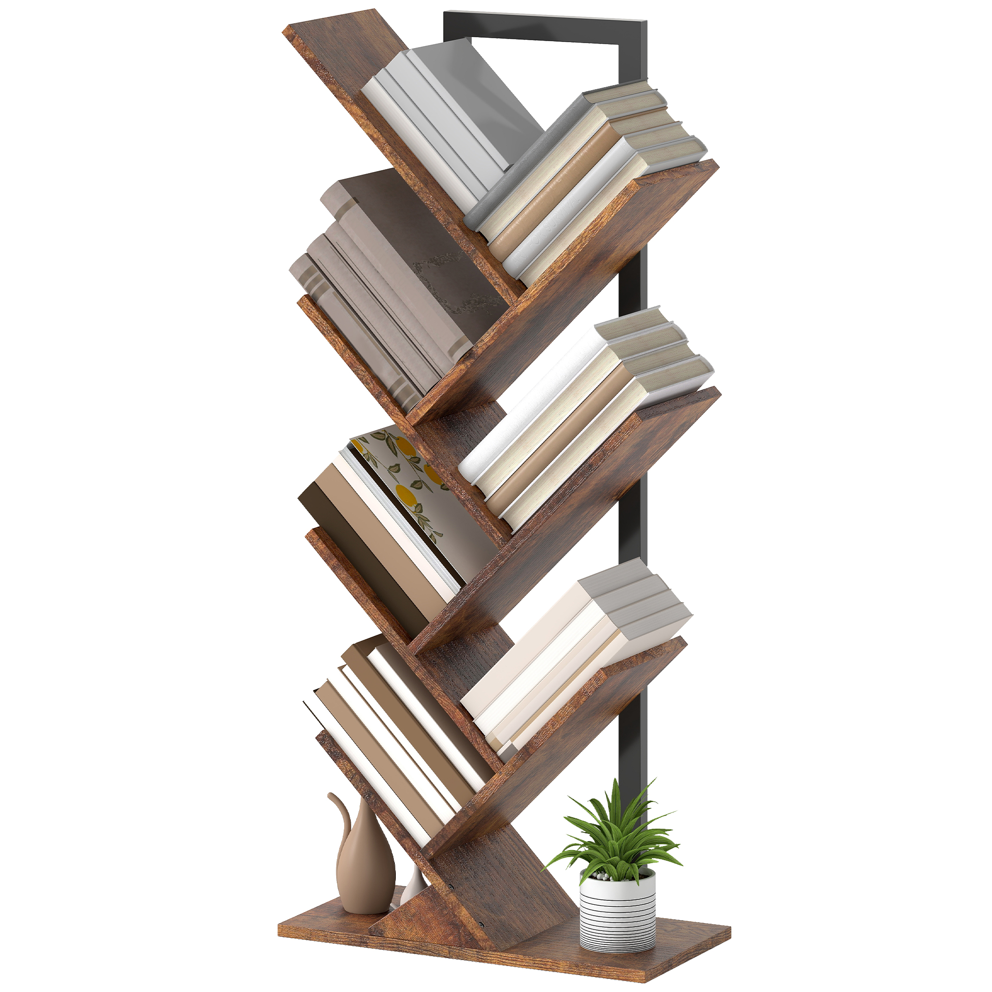 Bücherregal Standregal mit 7 Ebenen Schmal Regal im Baumform für Büro, Rustikal Braun
