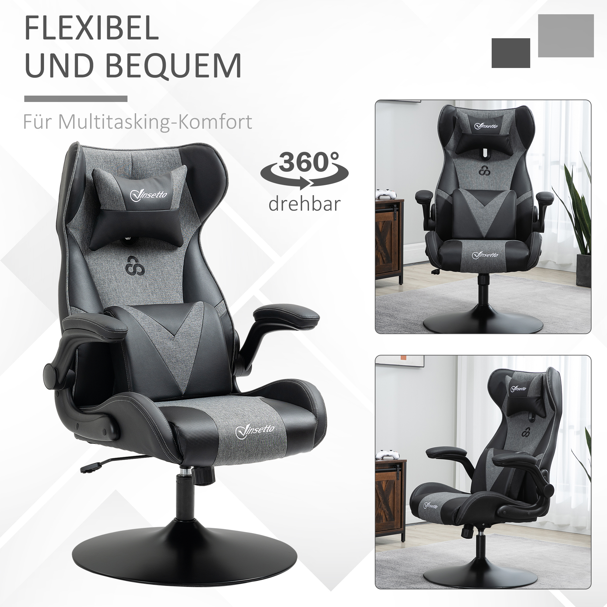 Gaming-Stuhl, höhenverstellbar & drehbar, Kunstleder-Bezug, klappbare Armlehnen, Schwarz+Grau