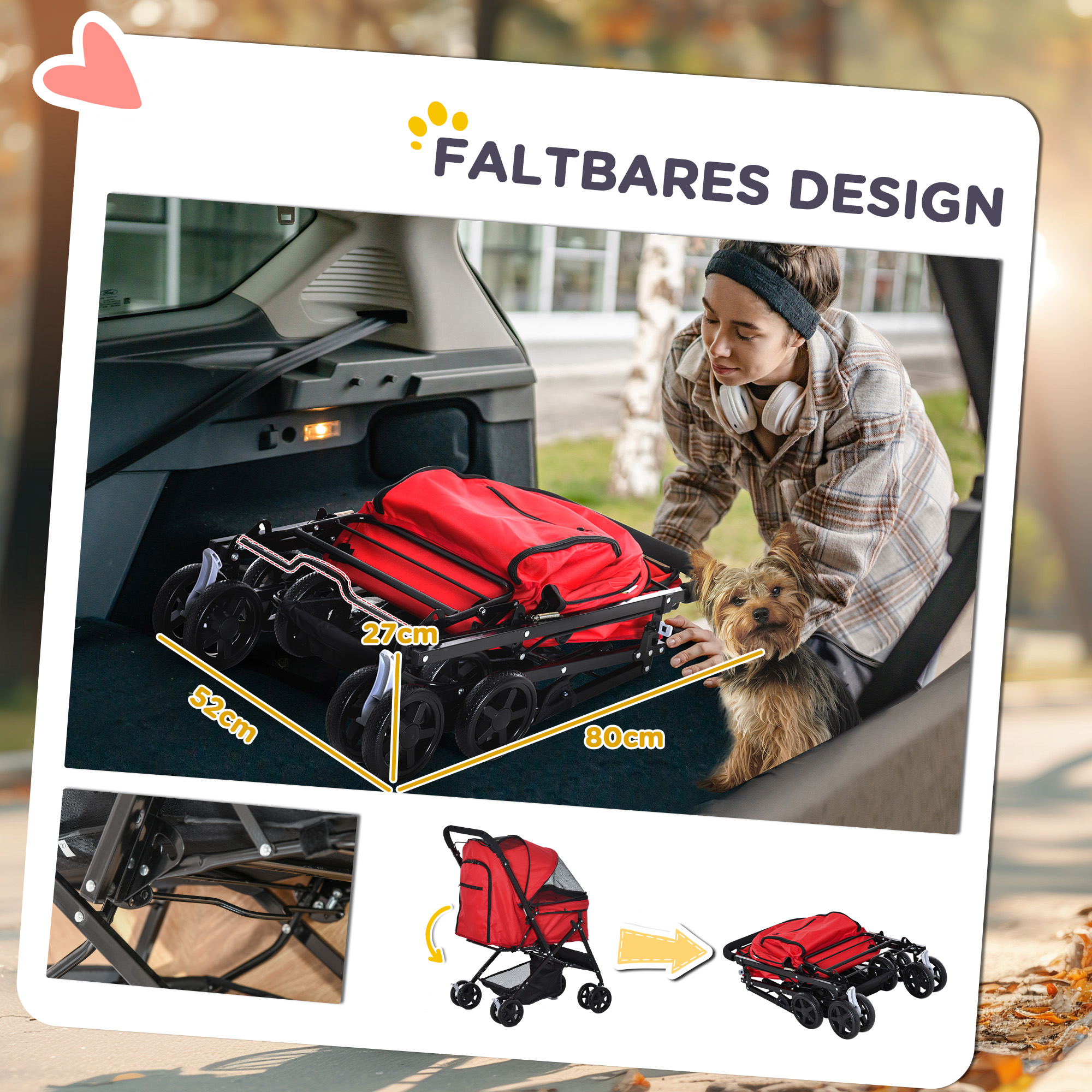 Hundebuggy Hundewagen bis 10kg klappbar verstellbares Vordach Oxford Rot 76,5 x 52 x 95 cm