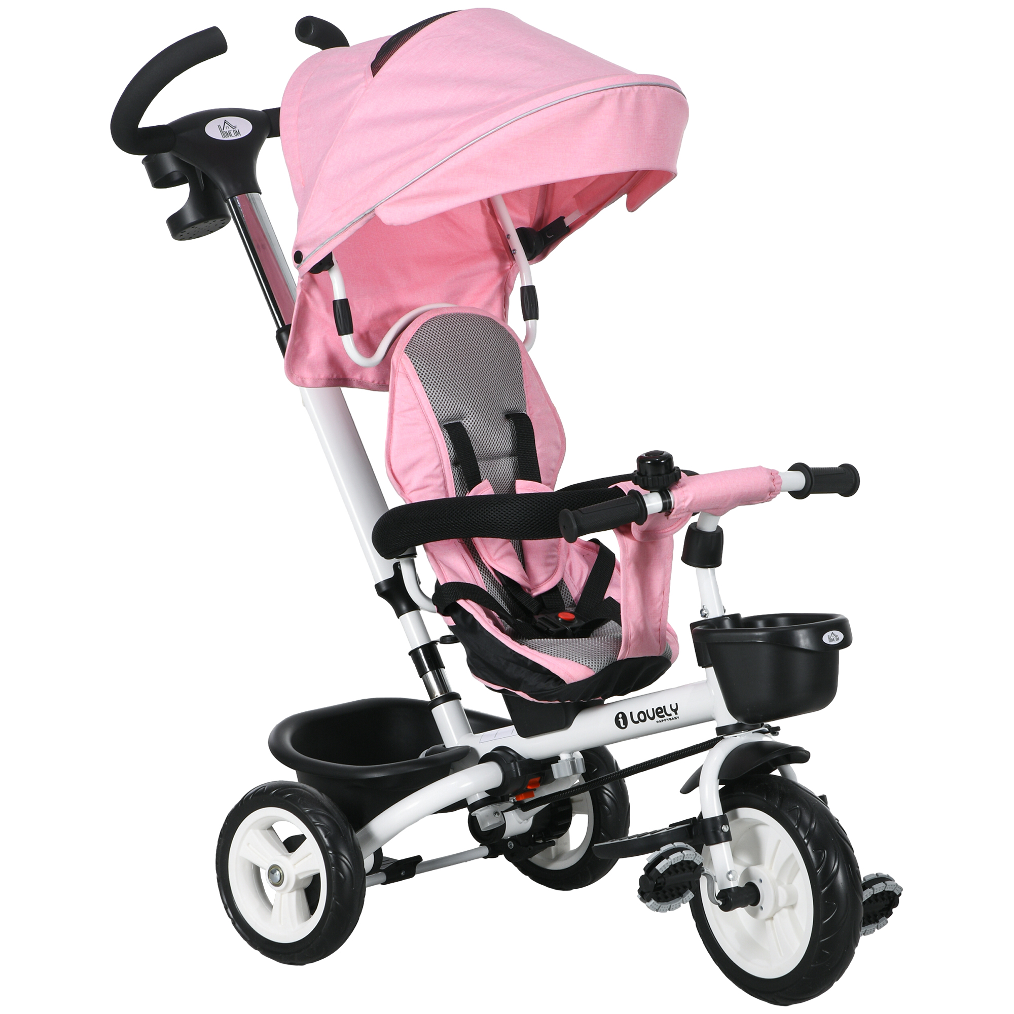 6-in-1 Kinderdreirad mit Schiebestange, Dach, Gurt, Ablagekorb, 18+ Monate, Rosa