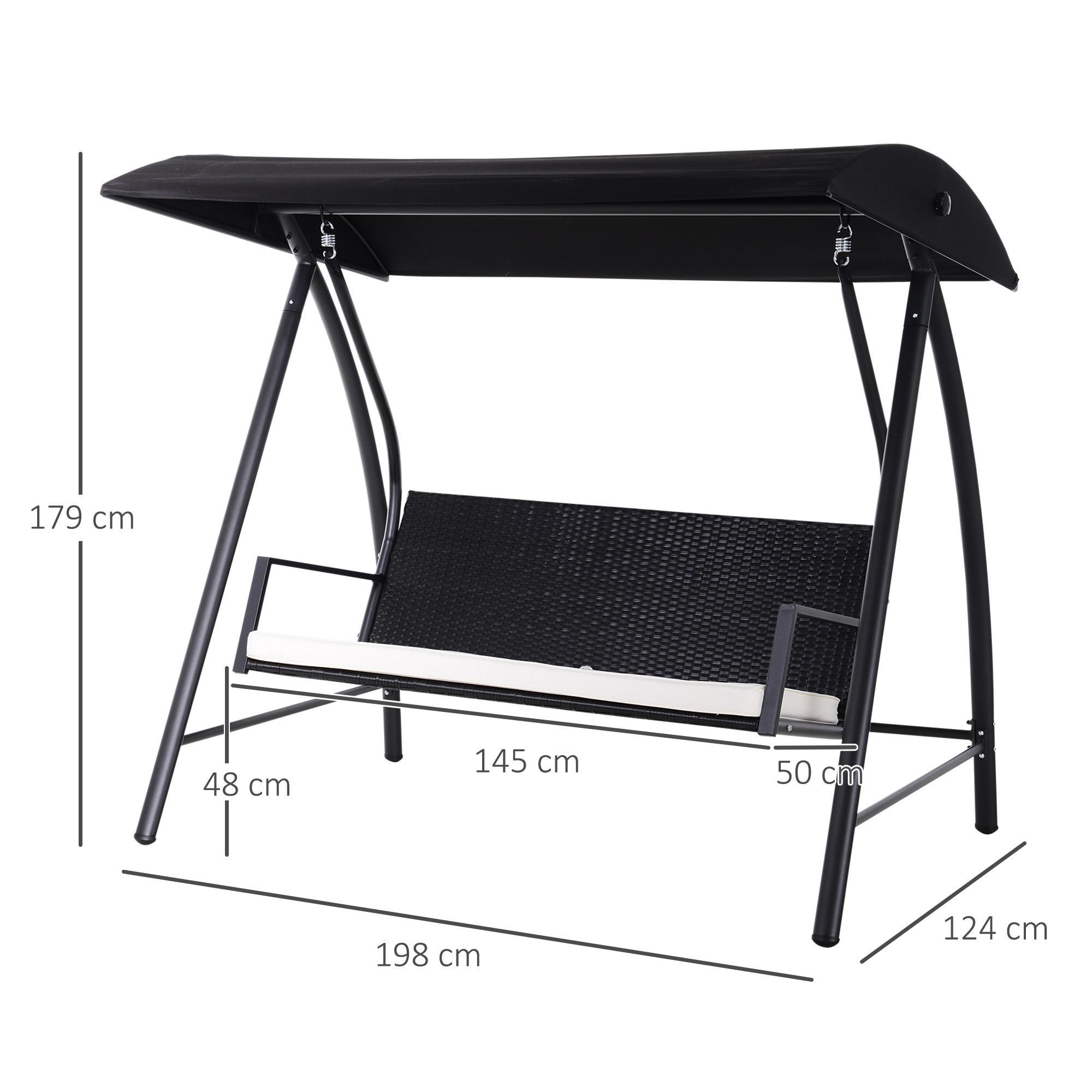 Hollywoodschaukel 3-Sitzer aus Polyrattan Gartenschaukel mit verstellbar Sonnendach Sonnenschutz Sitzkissen Hängebank bis 360 kg belastbar Hängeschaukel für Garten 198x124x179cm Schwarz