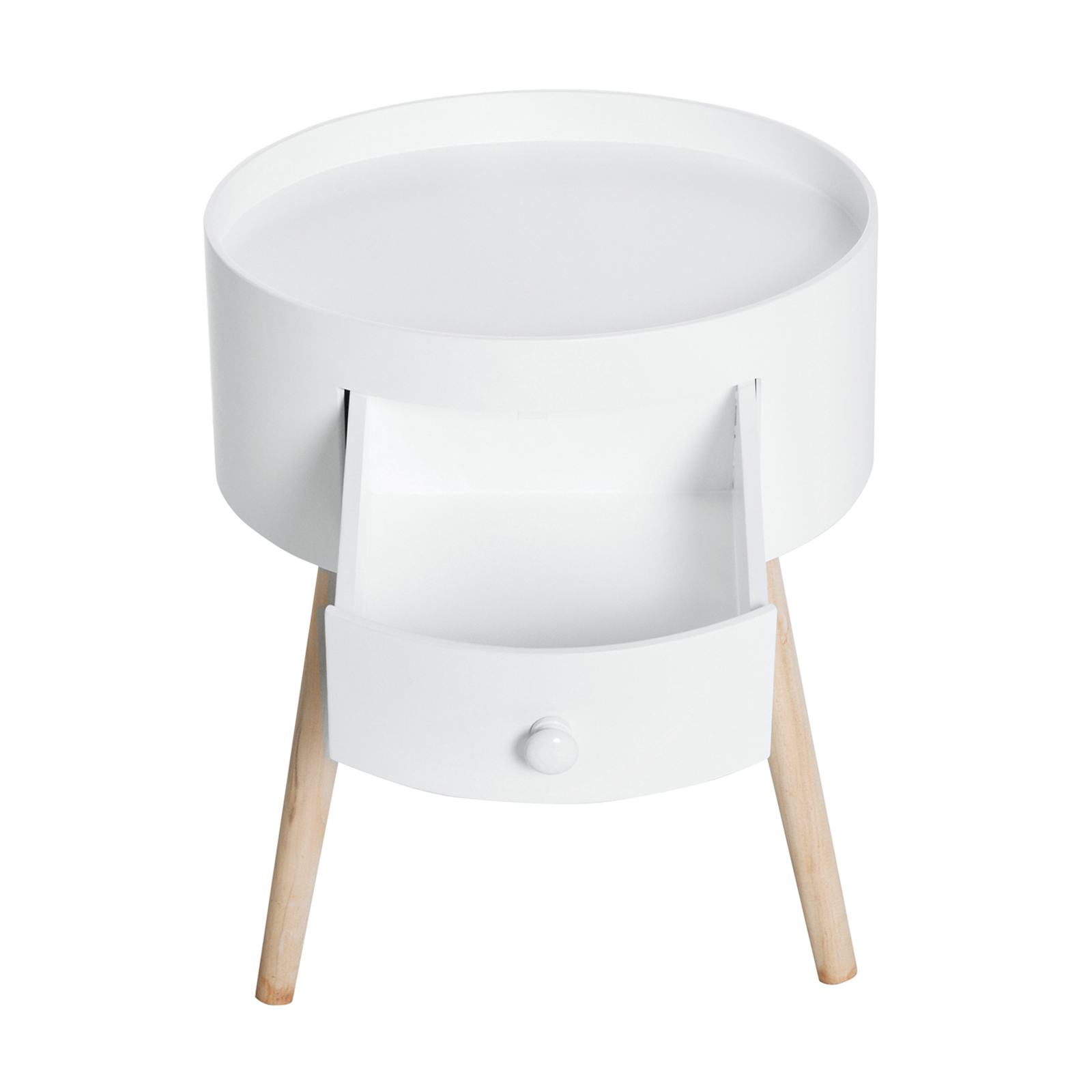 Couchtisch mit Schublade, rund, Skandi-Design, Schutzrand, Holz, Ø38 x H45 cm, Weiß