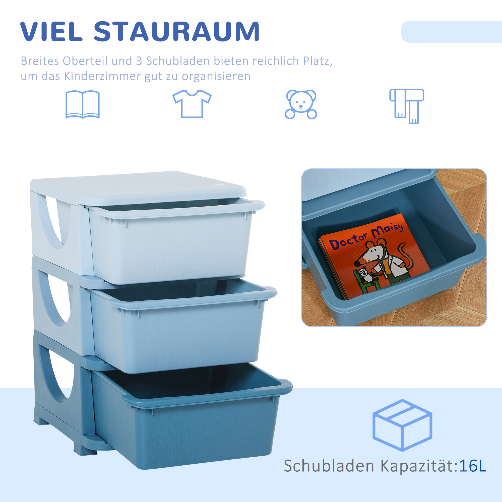 Aufbewahrungsboxen für Kinder, 3 Schubladen, abgerundete Kanten, erhöhtes Design, 37x37x56,5 cm, Blau