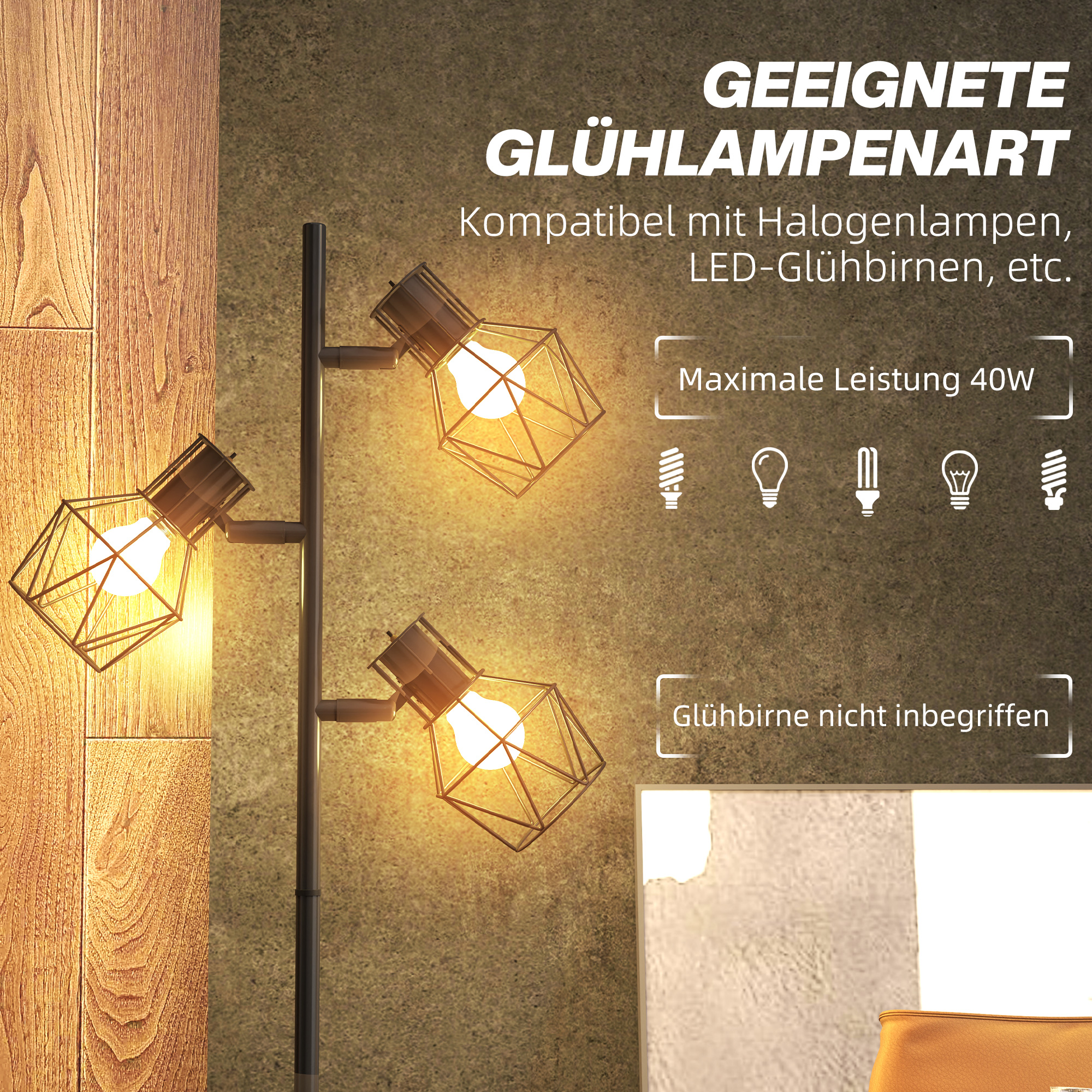 3-Licht-Stehlampe mit flexiblen Leuchtelementen, baumähnliche Struktur, für Wohnzimmer und Schlafzimmer, Metall, Schwarz