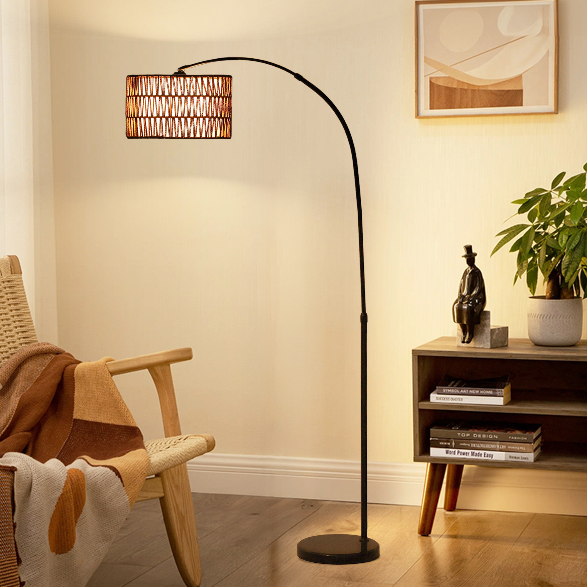 Stehlampe mit Hanfseil-Schirm, höhenverstellbar, Fußschalter, Metall, Schwarz