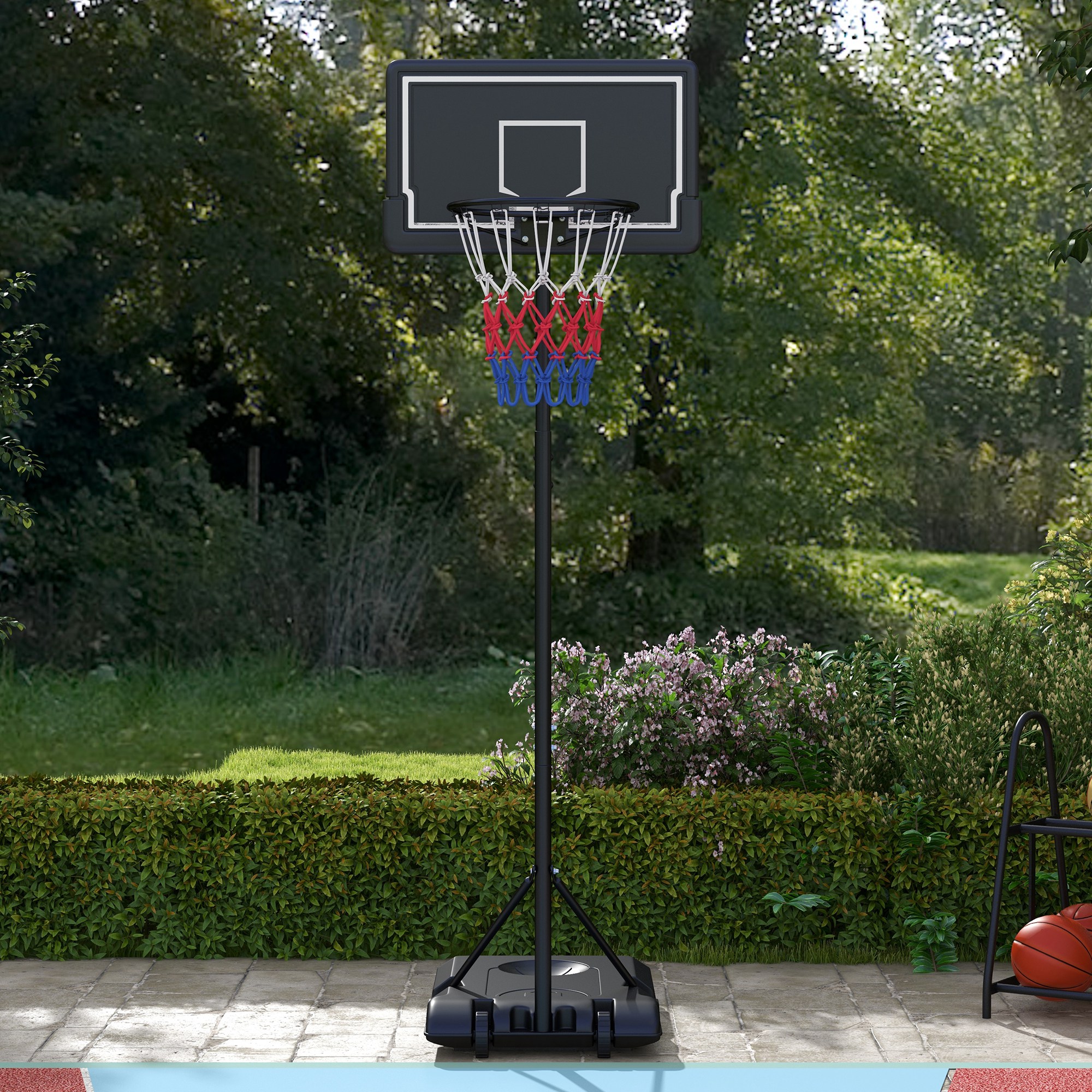 Basketballständer, höhenverstellbar, mobil, befüllbar, bruchsichere Rückwand, Korbhöhe 1,82 - 2,13 m, Schwarz