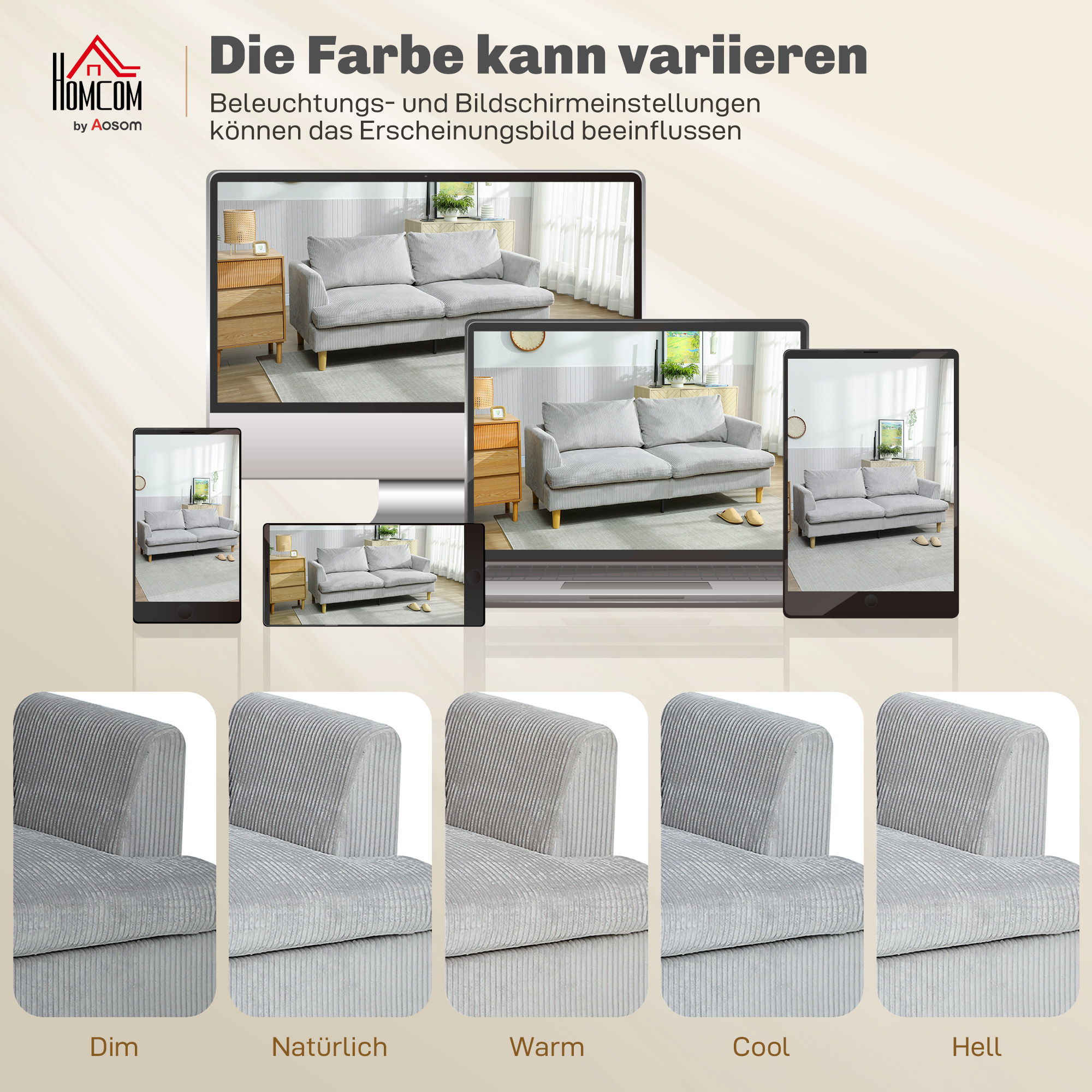 3-Sitzer-Sofa, Couch mit Armlehnen Gepolstert Polstersofa mit Kordoptik für Wohnzimmer Hellgrau