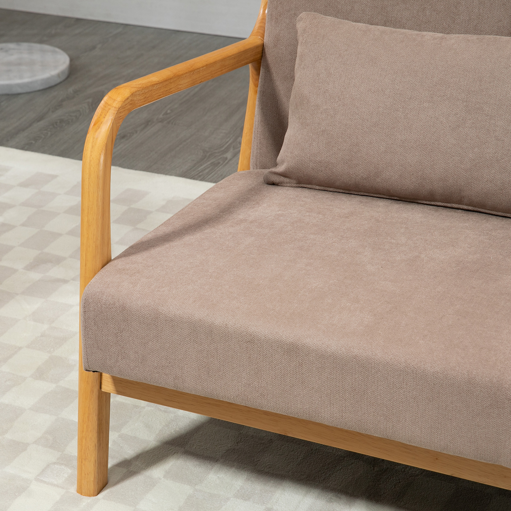 2-er Sofa, 2-Sitzer, kleines Sofa, Retrodesign, 2 Kissen, Kautschukholz, Braun + Natur