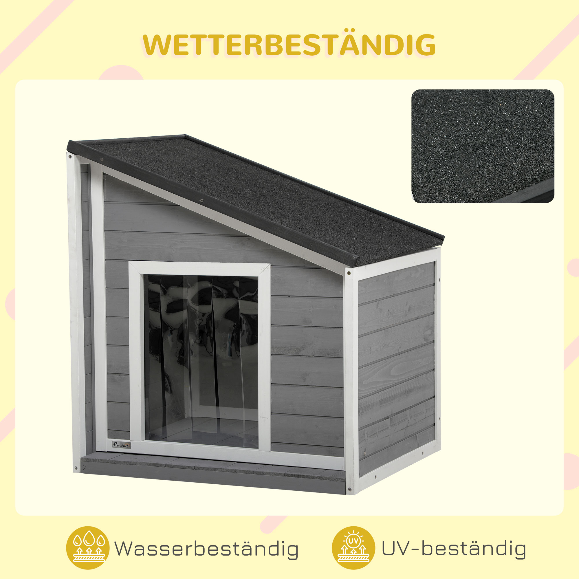 Hundehütte aus Massivholz, wetterbeständig, Asphaltdach, 71 cm x 58 cm x 77 cm, Grau + Weiß