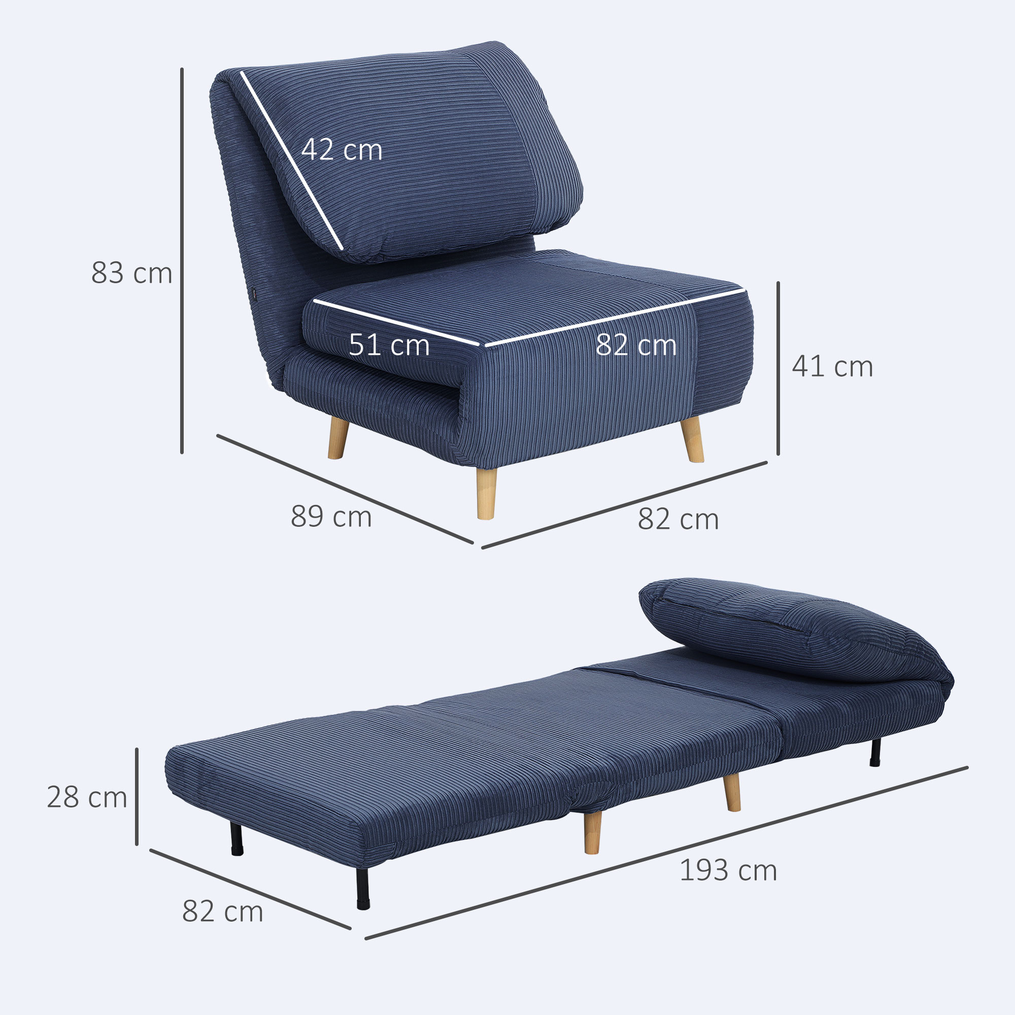 2-in-1 Schlafsessel Gästebett, verstellbare  Kopfstütze Cord-Optik 82 cm x 8 cm x 83 cm Blau