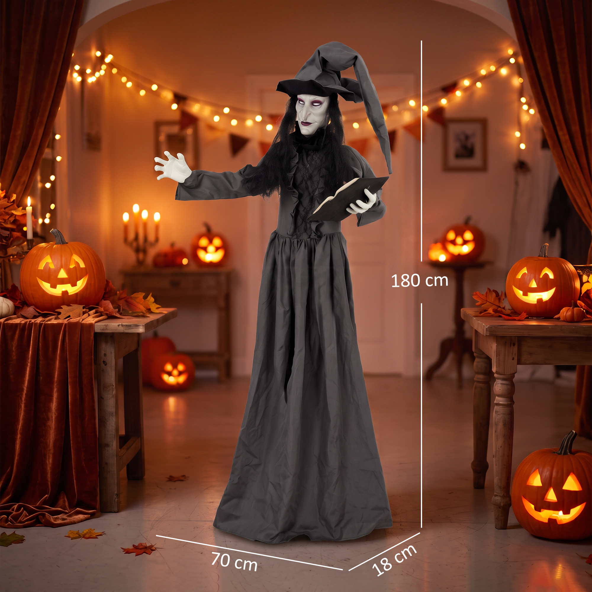 180 cm Halloween Animierte Hexe Dekoration Lebensgroß mit leuchtenden Augen, Gruseliger Sound, Berührungsaktivierung