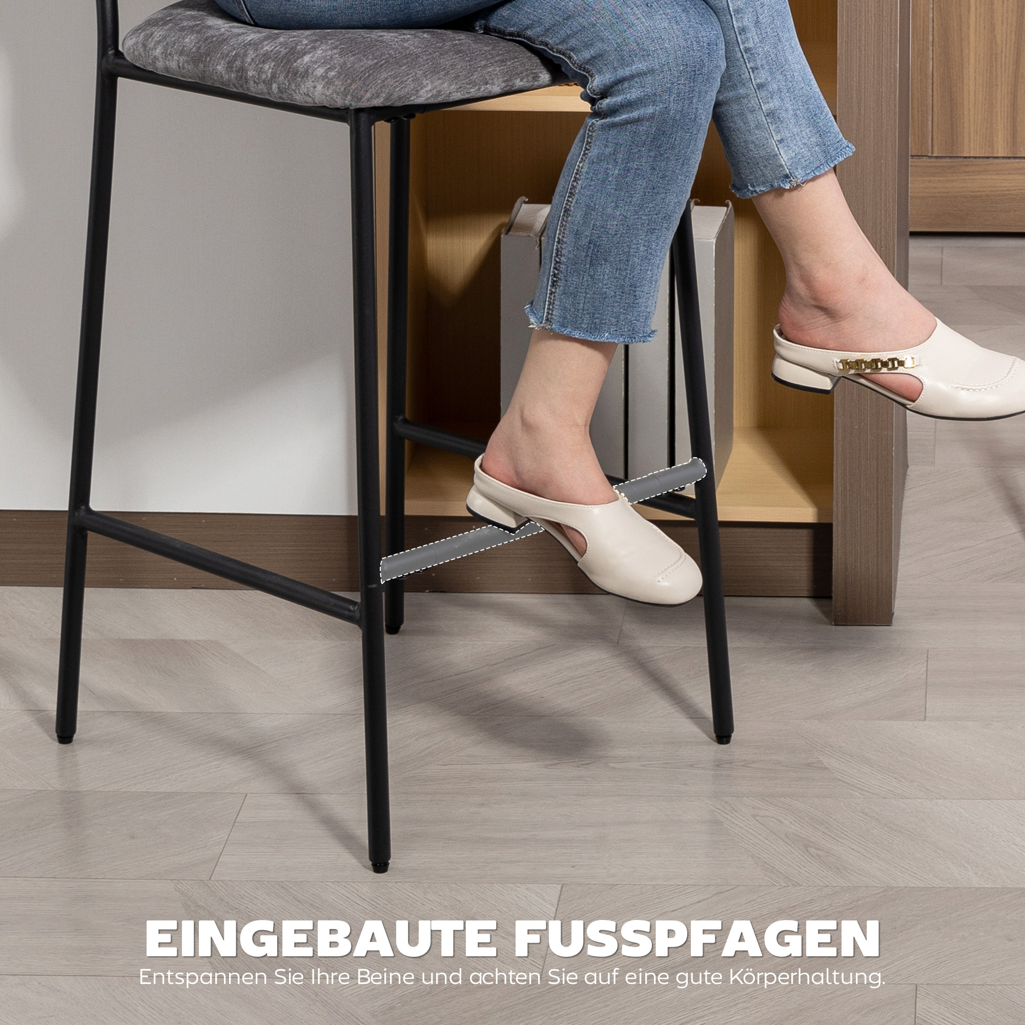 2er-Set Barstühle, gepolsterte Hochstühle für Küchentheke, Hausbar, Rückenlehne, Fußstütze, Stoffbezug, Stahl, Grau