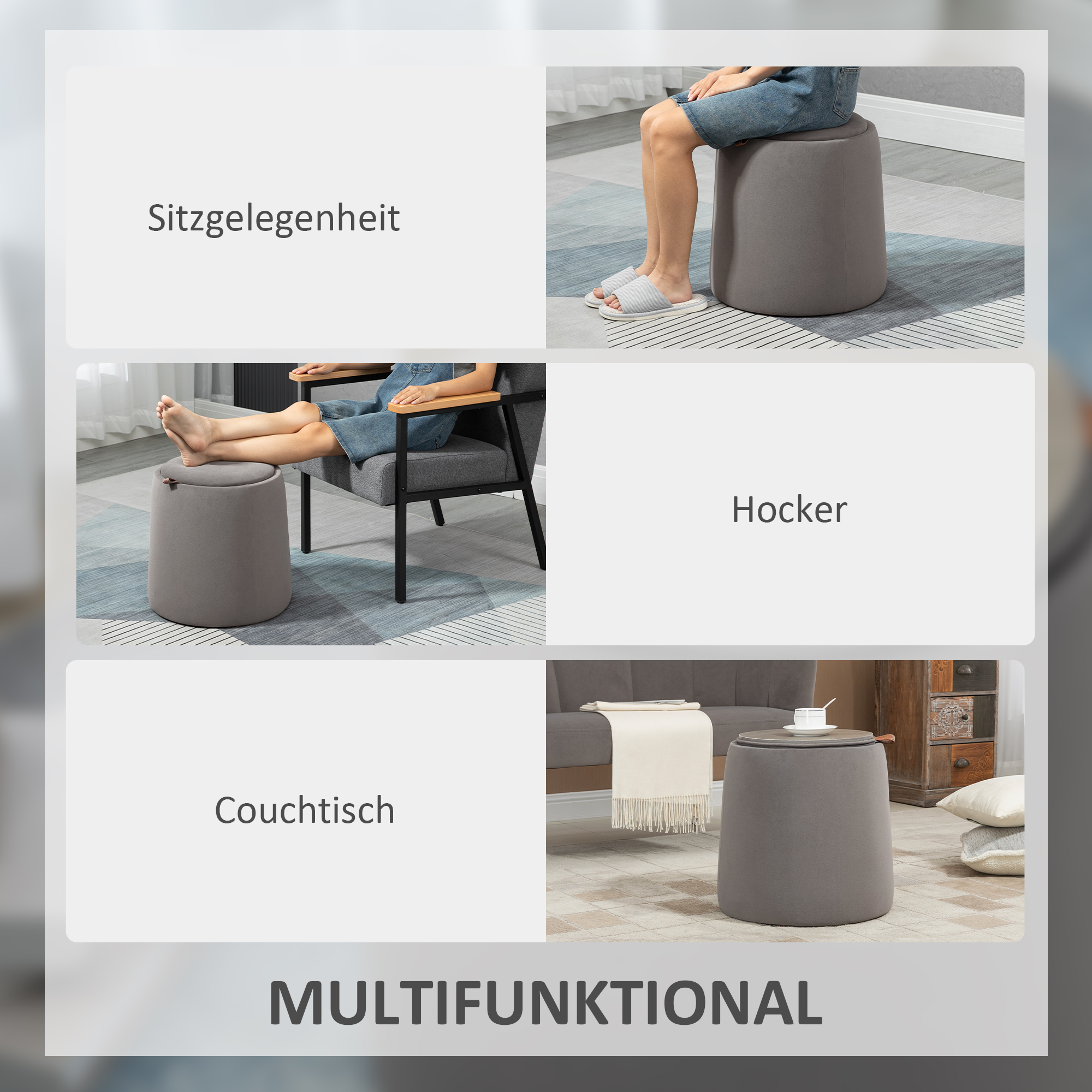 2-in-1 Hocker in Samtoptik inklusive Stauraum und abnehmbaren Deckel ?44 cm x 47,5 cm Grau