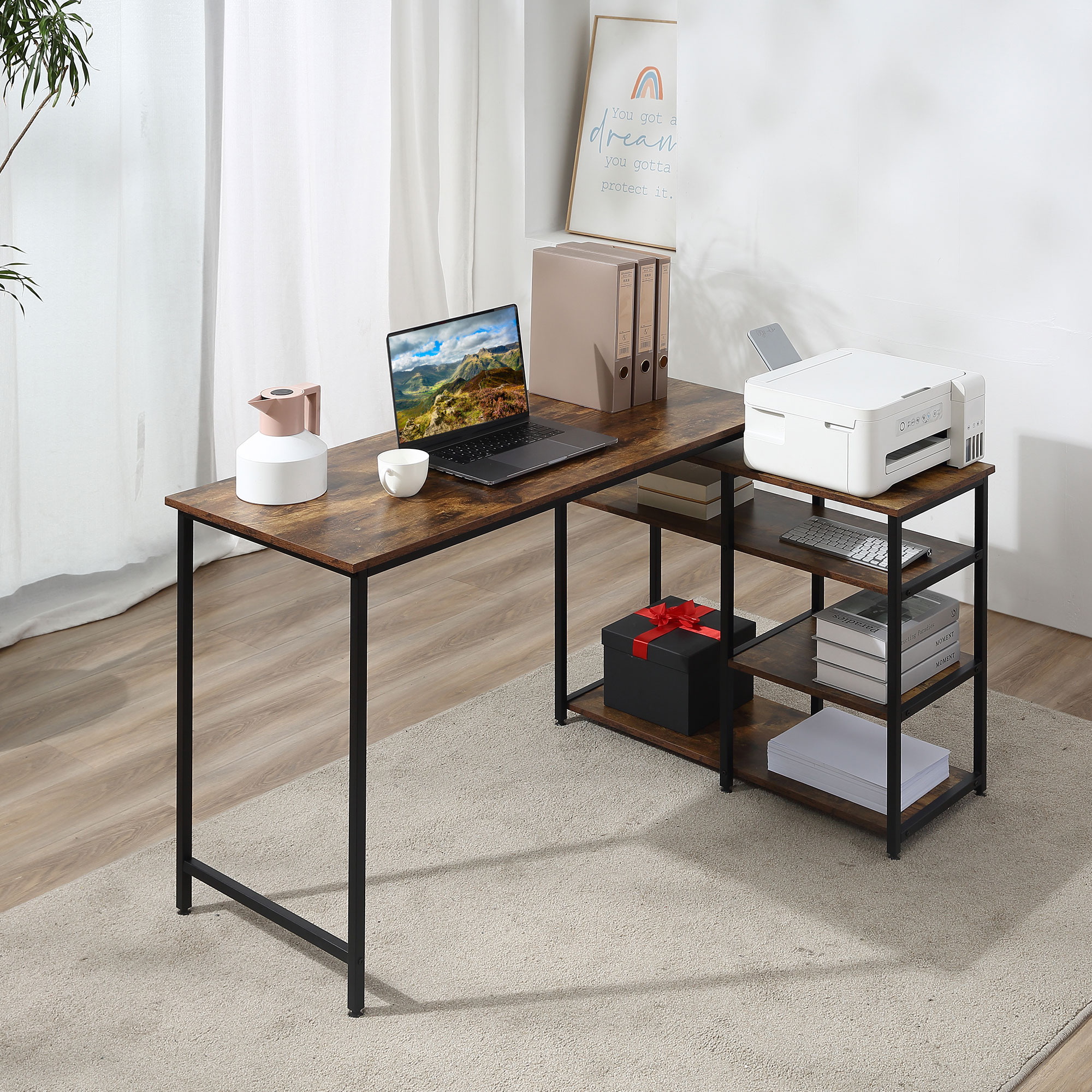 Eckschreibtisch Winkelschreibtisch PC-Tisch Computertisch Bürotisch Regal Schublade L-Form Spanplatte Metall Rustikales Braun 135 x 90 x 79 cm