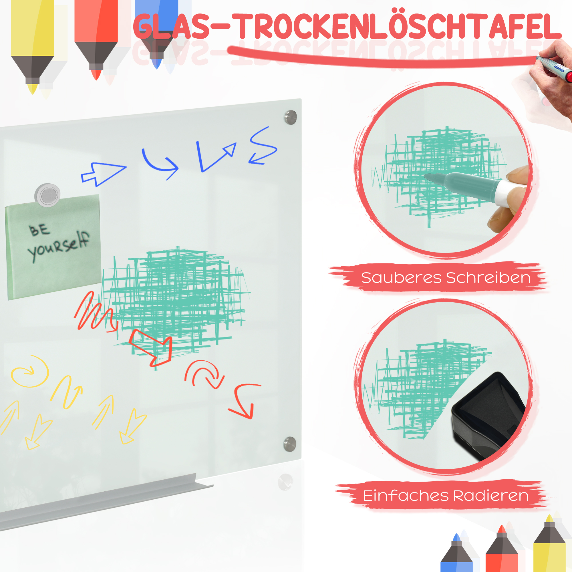 Glas Whiteboard, Memoboard, Whiteboard,  4 Stifte, 6 Magnete, 1 Schwamm,1 Ablage, Weiß