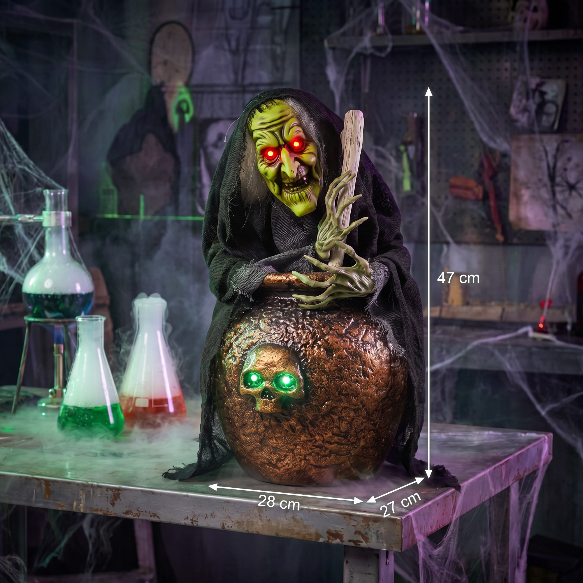 animierte Halloween-Tischhexe mit Lachsound, leuchtenden Augen und Sound-/Touch-Aktivierung