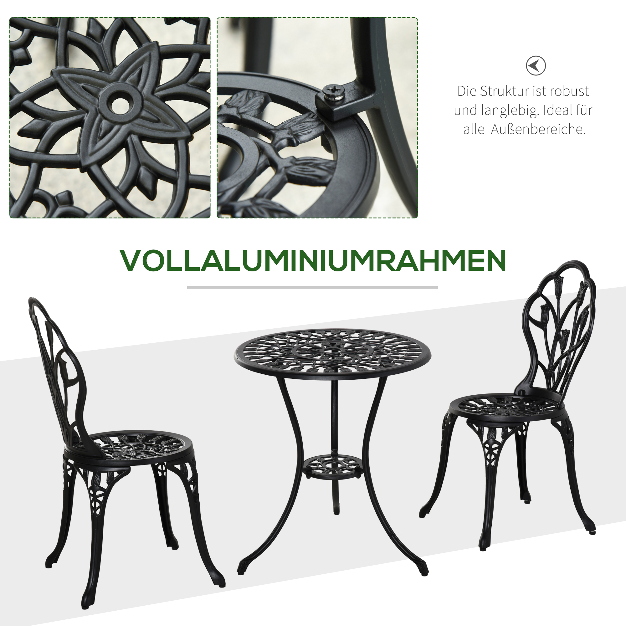 Bistroset wetterfest für 2 Personen 1 Tisch+2 Stühle mit Schirmloch für mehrere Orte Aluminium Schwarz