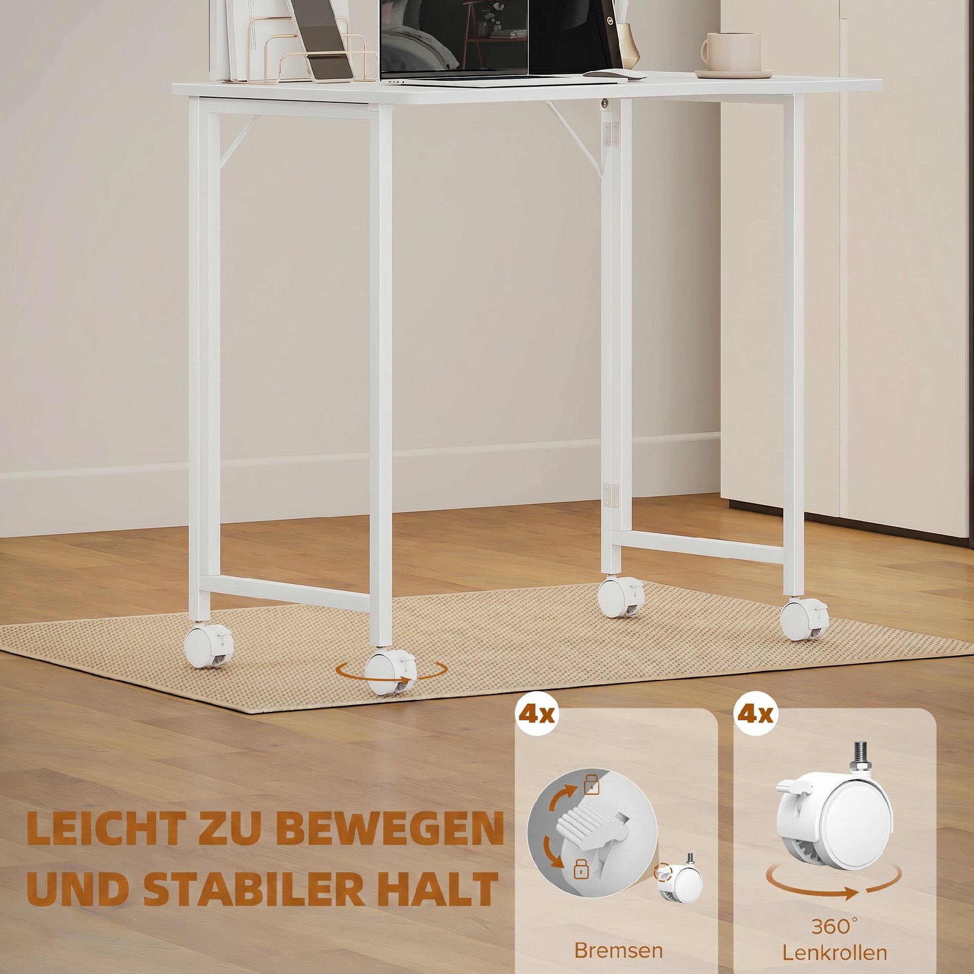 Schreibtisch, klappbarer Computertisch, platzsparender Bürotisch mit Rollen, Geräteschlitz, 80 x 52 x 75 cm, Weiß