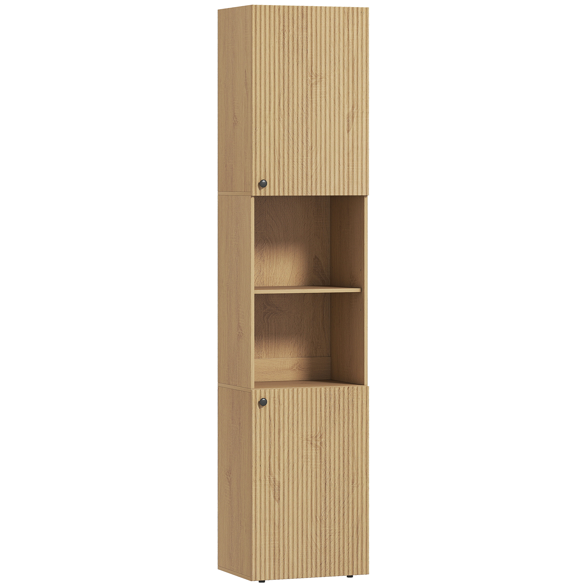 hoher Badezimmerschrank, 6 Ebenen, 2 Schränke, 2 offene Regale, offene Fächer, Holz, Eichenfarben