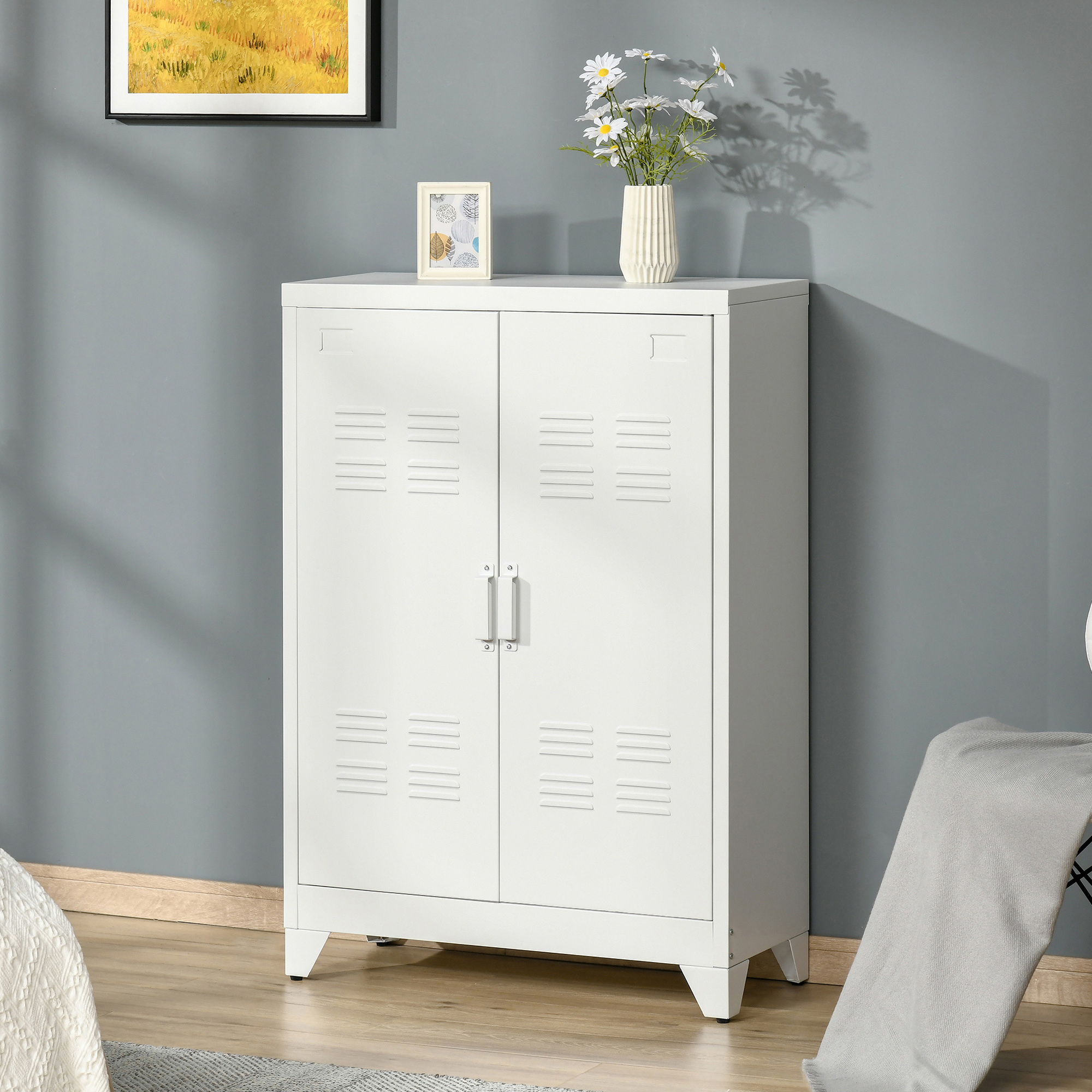Aktenschrank Metallschrank Mehrzweckschrank mit magnetischer Lamellen-Doppeltür 75 x 33 x 110 cm Weiß