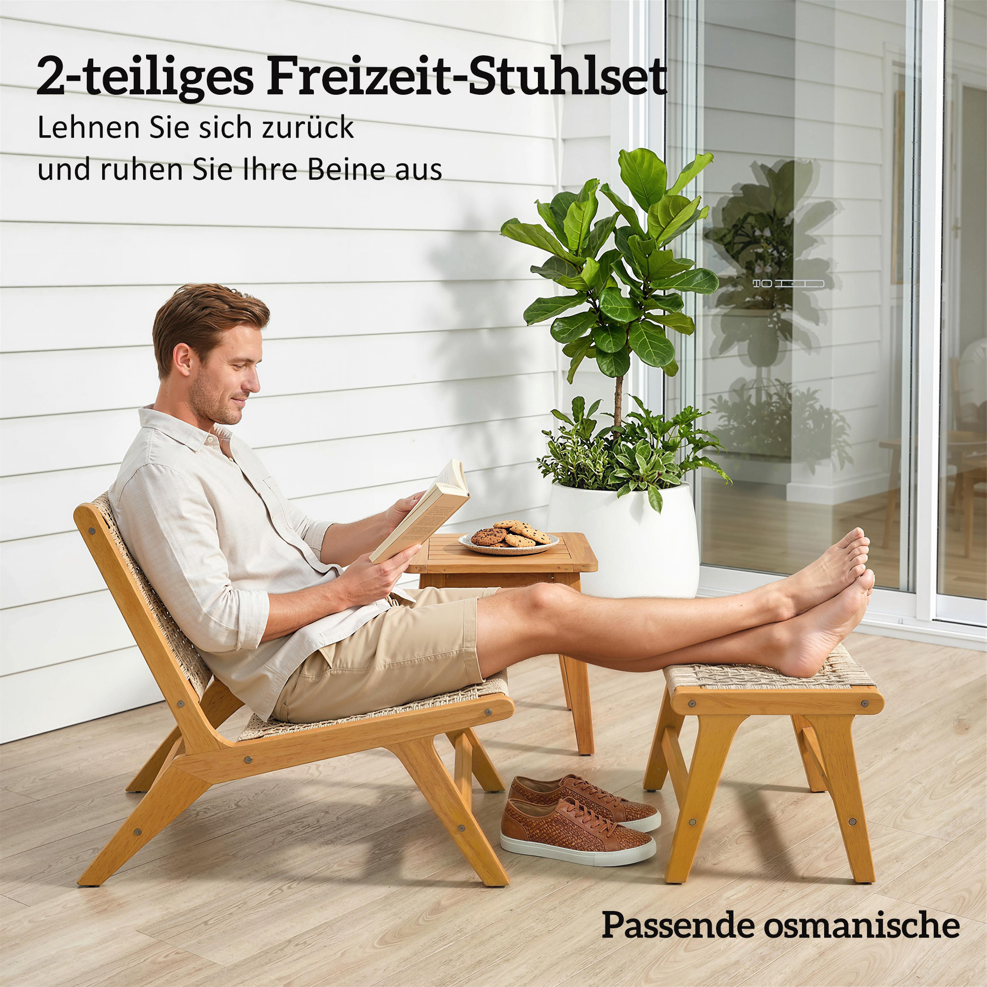 Gartensessel mit Hocker 2-teilig FSC Akazienholz Outdoor Loungesessel mit Rattan-Sitz Boho-Stil verstellbare Füße