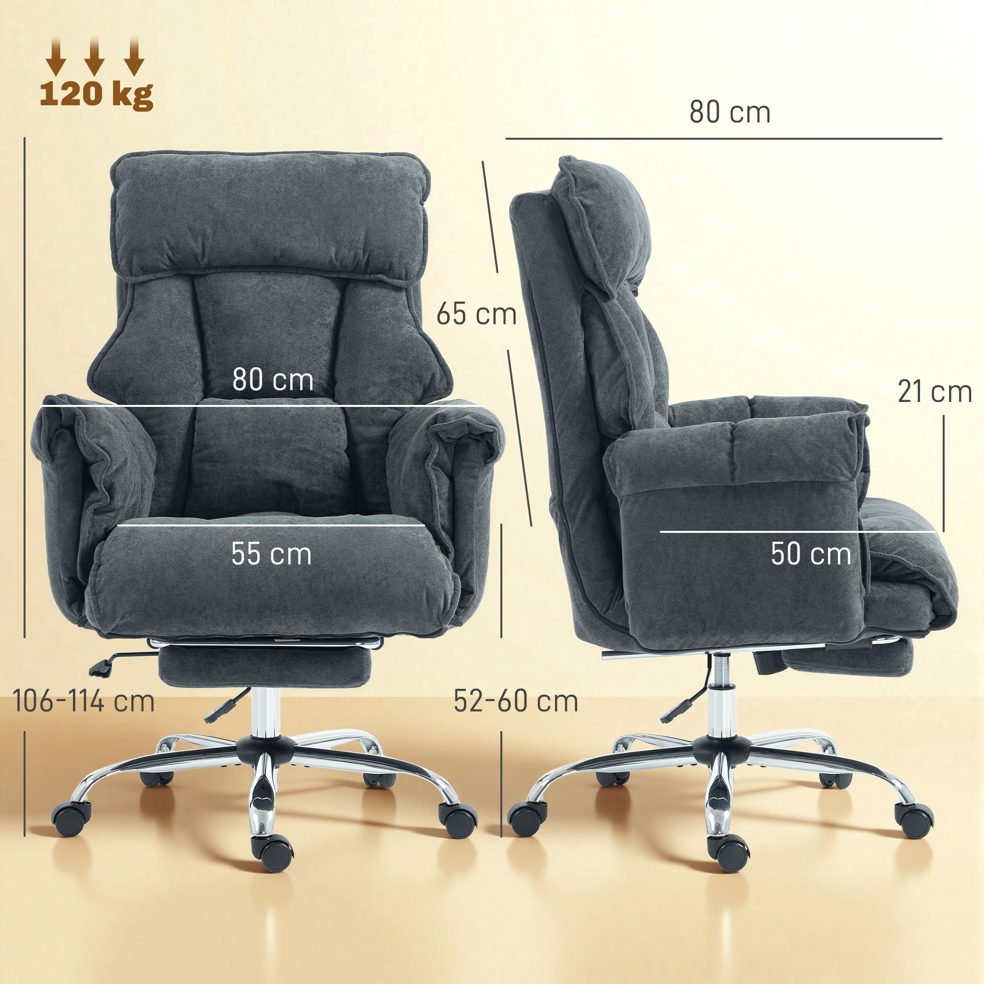 Bürostuhl Höhenverstellbarer Drehstuhl mit Lendenwirbelstütze, Fußstütze, Schneeflanell, 80 x 80 x 106-114 cm Dunkelgrau