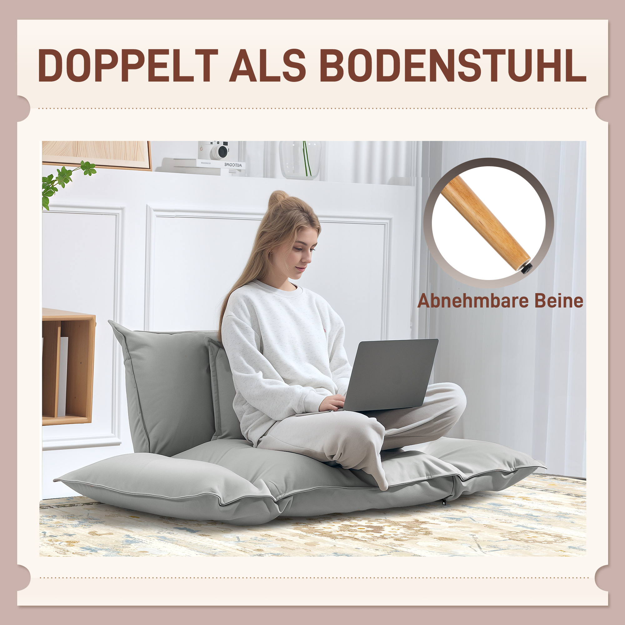 2-in-1 Verstellbarer Loungesessel, Bodensessel mit Kissen, Polstersessel, für Wohnzimmer, Schlafzimmer, Hellgrau