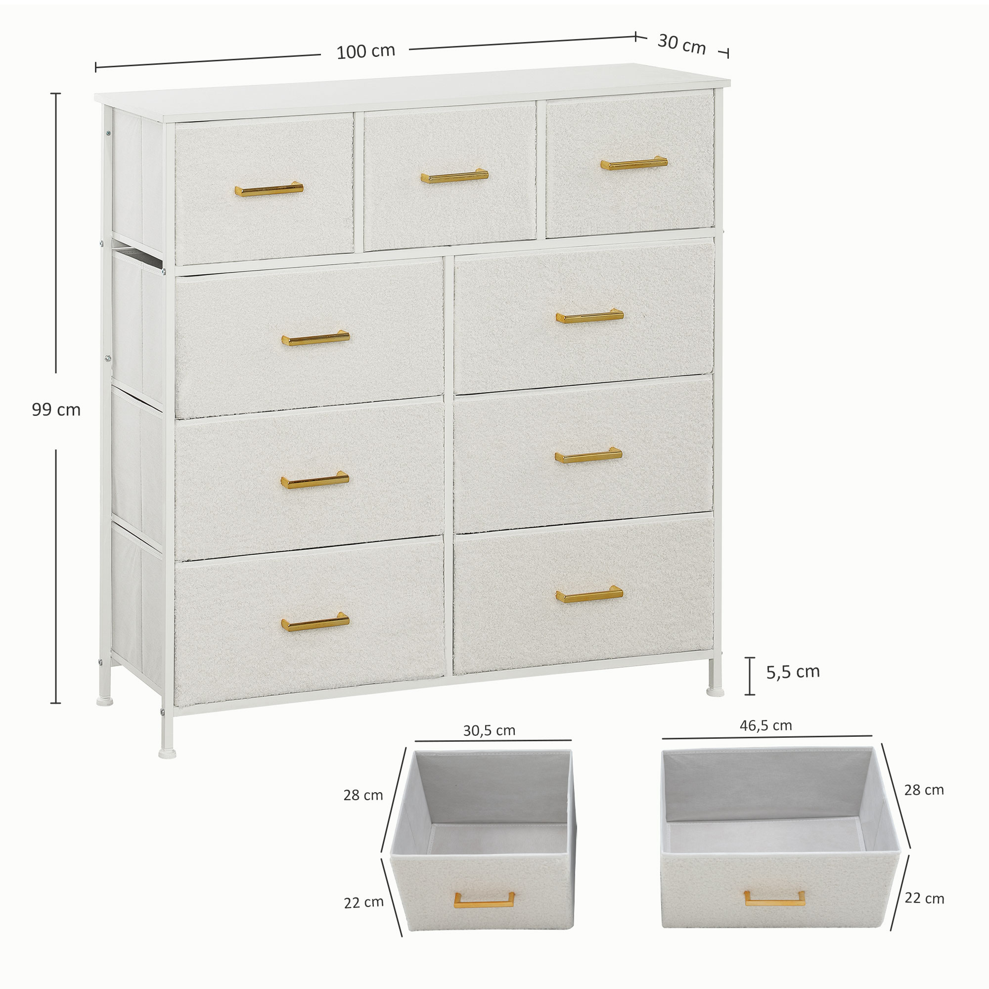Stoffkommode, 9 Schubladen, Stahlrahmen, elegant, vielseitig, Weiß