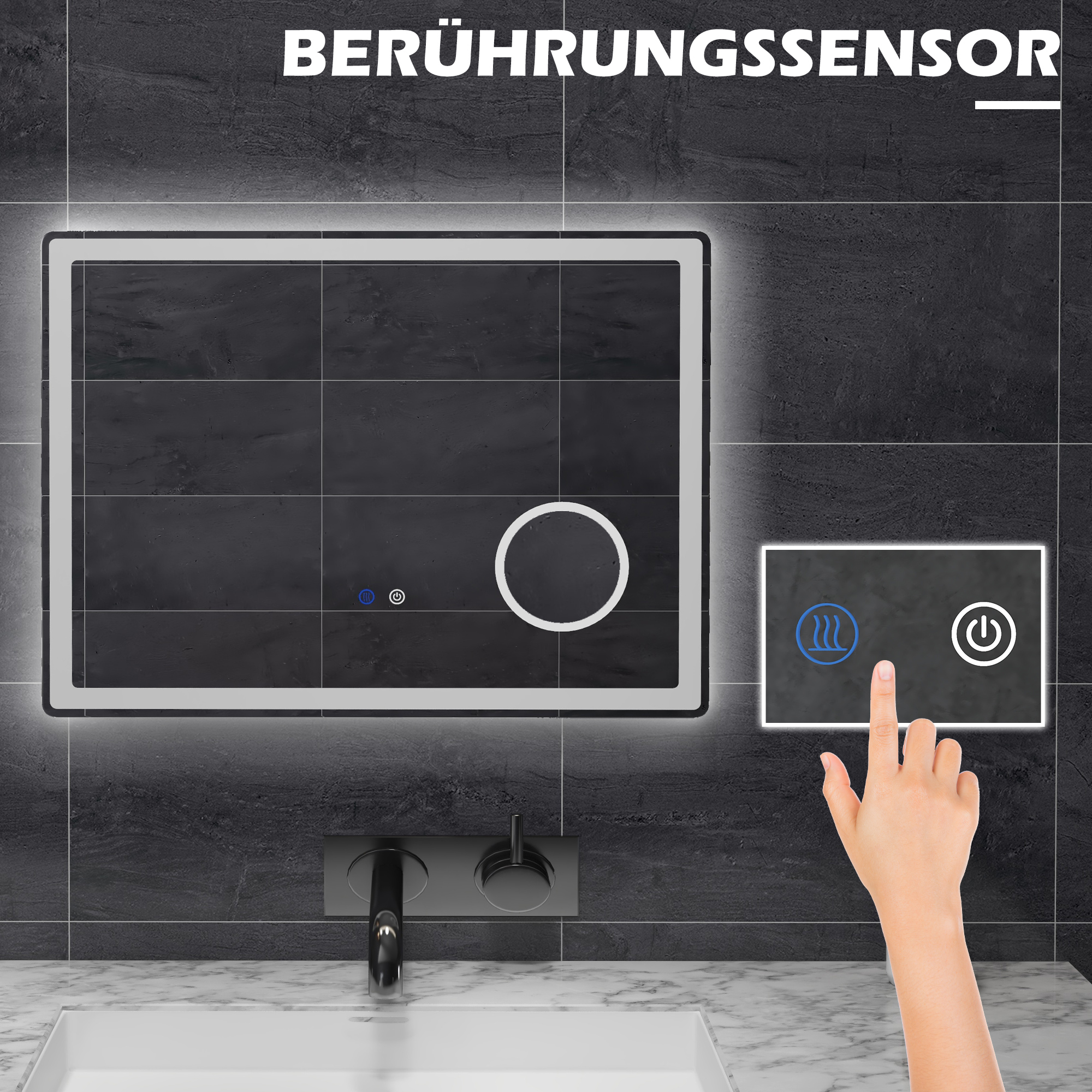 LED Badezimmerspiegel mit 3x Vergrößerung, Touch-Funktion, Memory-Funktion, kein Beschlagen, 80 x 60 cm