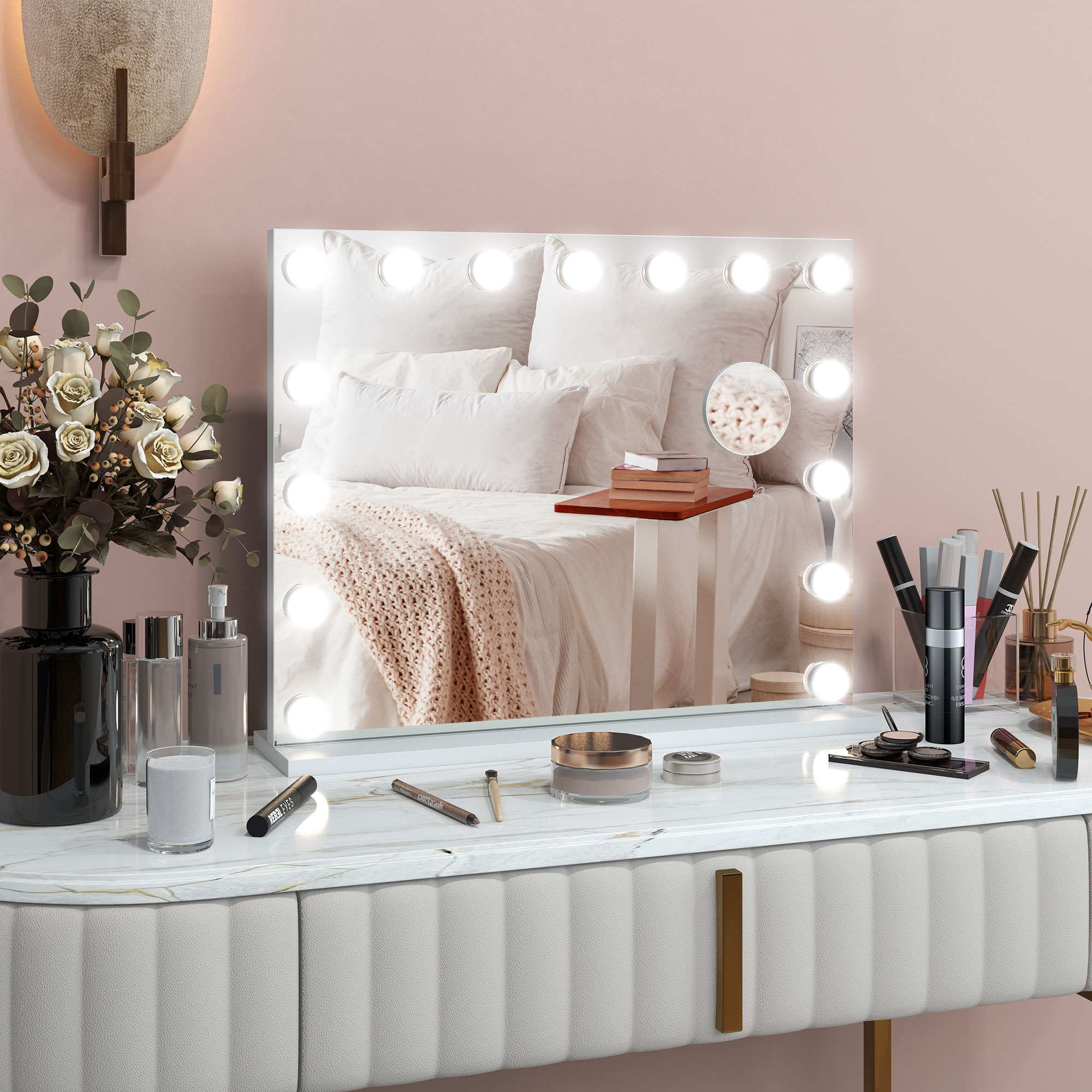 LED-Kosmetikspiegel, 3 Lichtmodi, dimmbar, Touch-Steuerung, USB, 58x48cm, Weiß