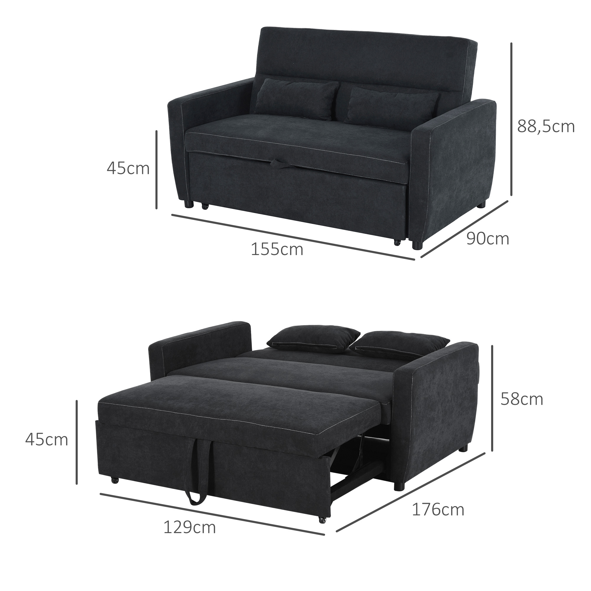 2-Sitzer Sofa mit Bettfunktion, verstellbarer Rückenlehne, Polstersofa, Samtoptik, für Wohnzimmer, Schlafzimmer, Schwarz