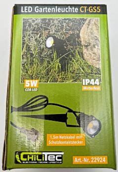 LED Gartenleuchte "CT-GS5" 5W, IP44 / 230V, 1,5m Kabel+Erdspieß, warmweiß