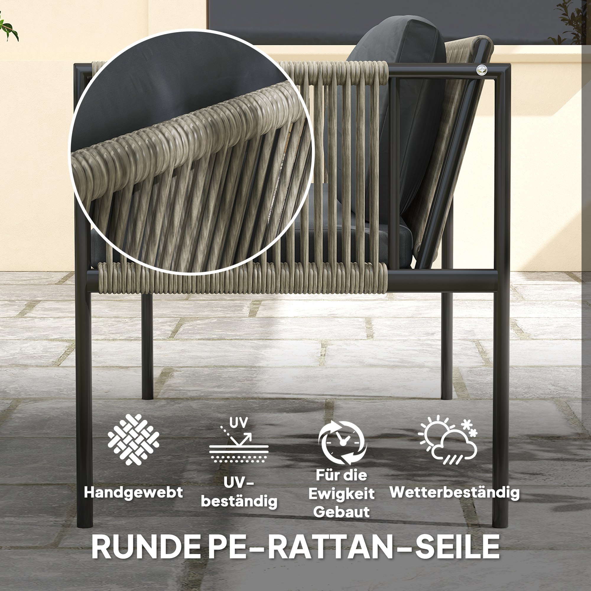 4-teiliges Gartenmöbel-Set, 1 Sofa, 2 Sessel, 1 Tisch mit Glasplatte, Kissen, Stahlrahmen, Kunststoff-Rattan, Grau