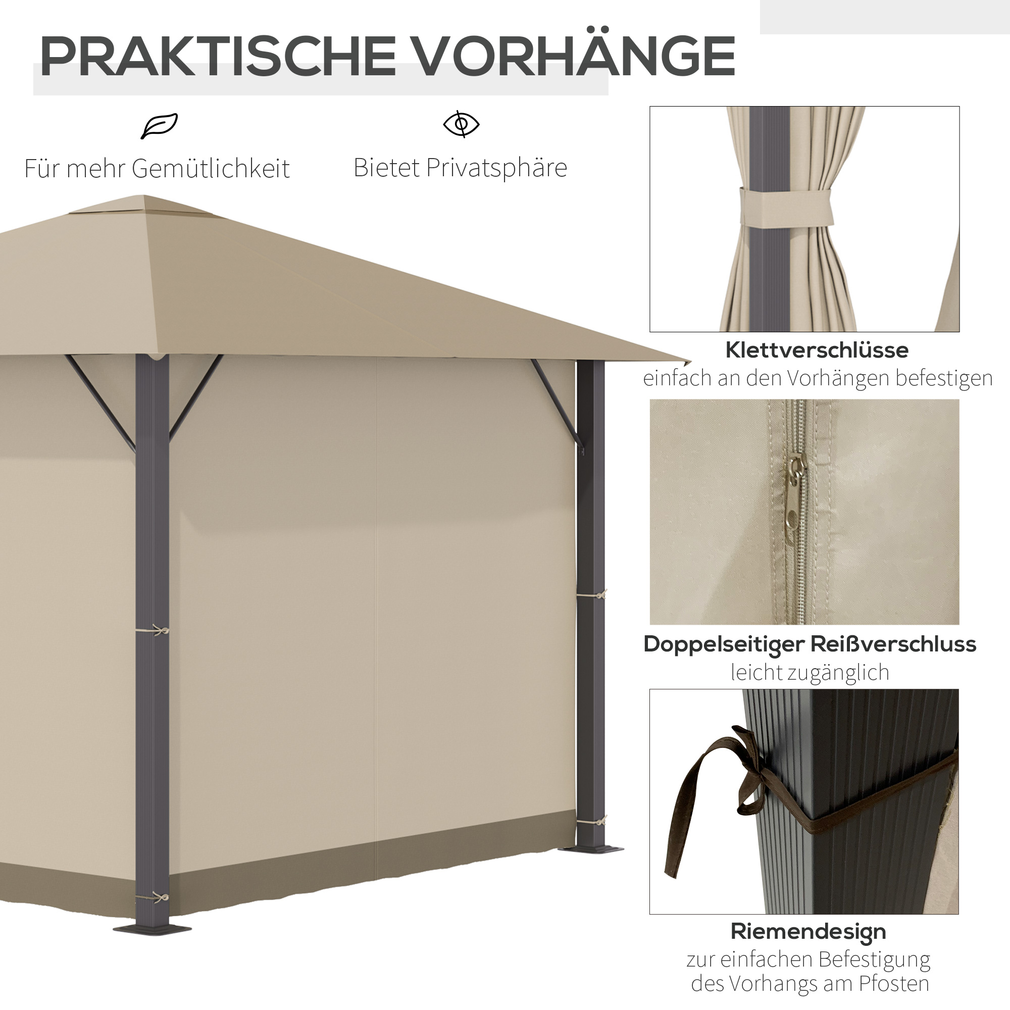 Gartenpavillon Pavillon 3 x 3 m Gartenzelt Dach mit Belüftungslöcher Festzelt Partyzelt mit 4 x Seitenteile wetterfest Aluminium Polyester khaki