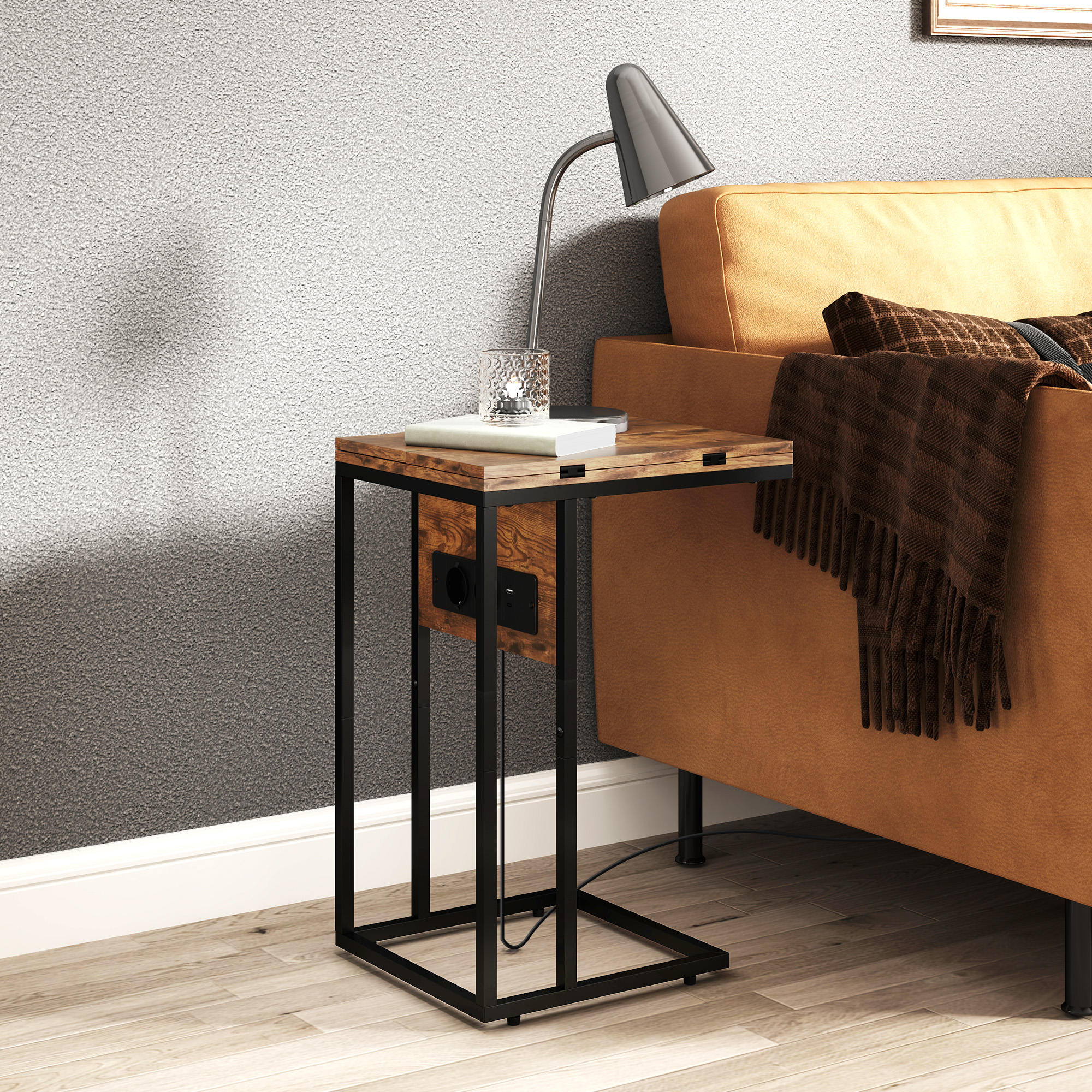 Klappbarer Beistelltisch, Ladestation mit USB-Ports, Metall, 39 x 29 x 57 cm, Braun