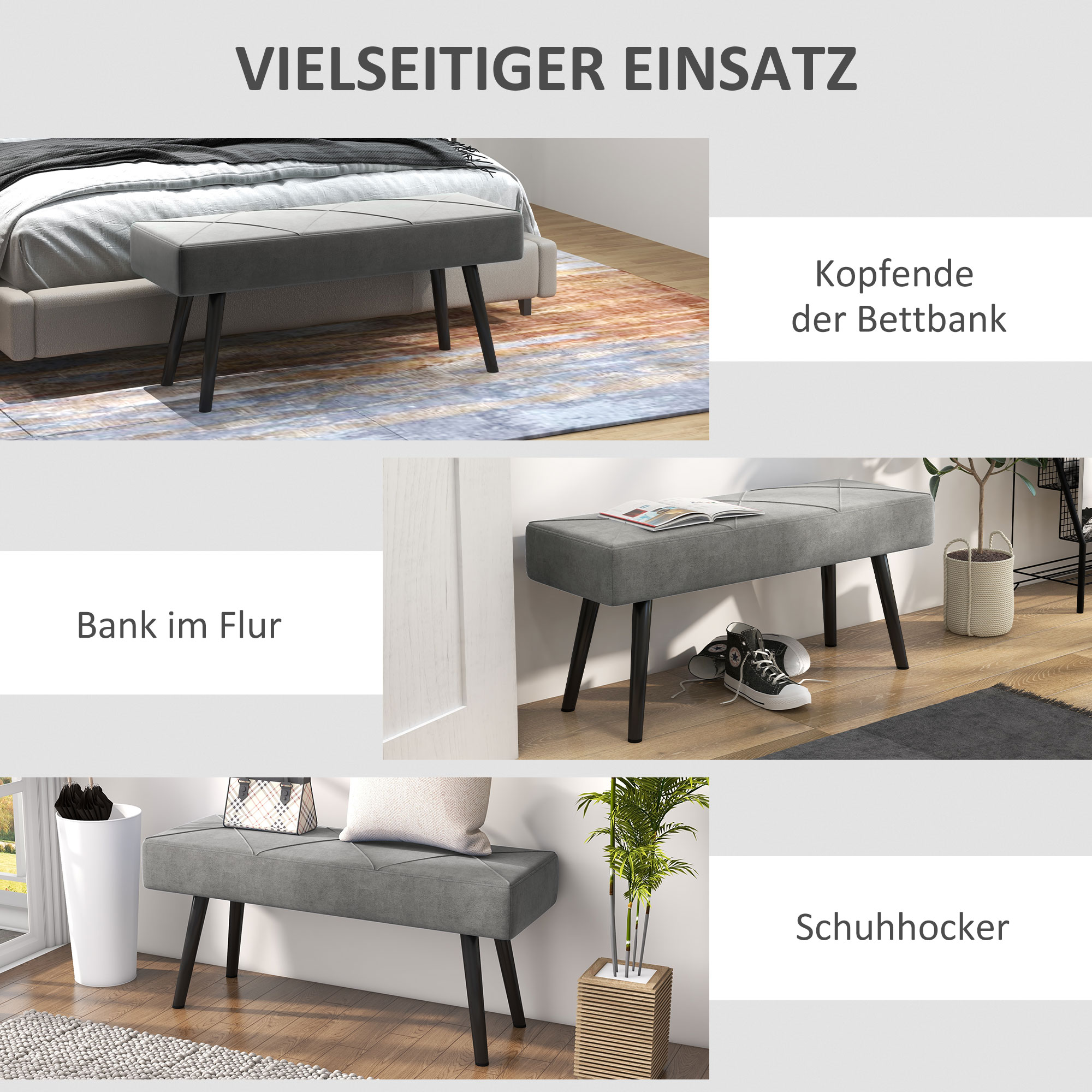 Sitzbank Polsterbank Bettbank, Samtoptik, 100 x 36 x 45 cm, Grau