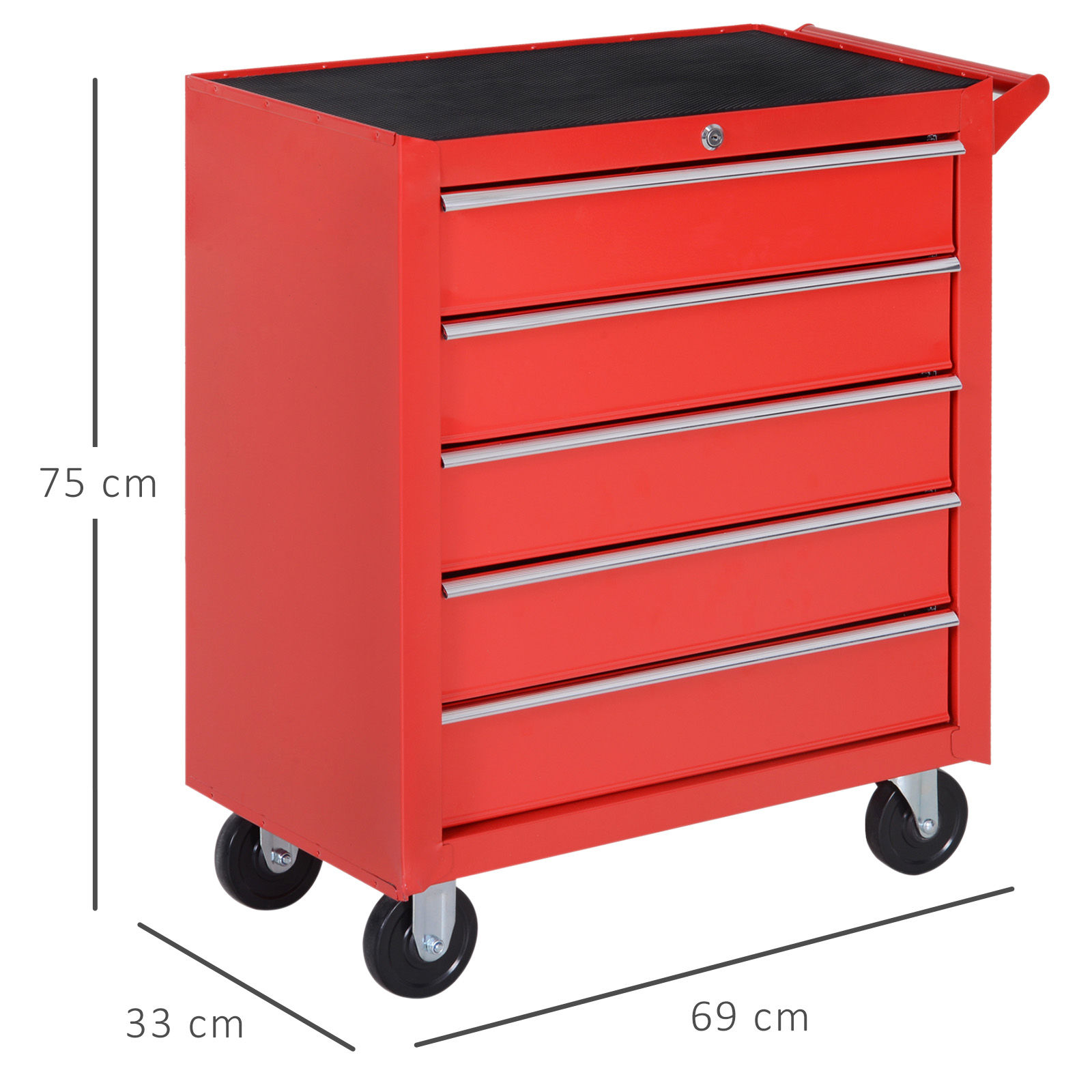 Rollschrank, Werkzeugschrank für Garage, Schuppen, Stahl, 69L x 33B x 75H cm, Rot