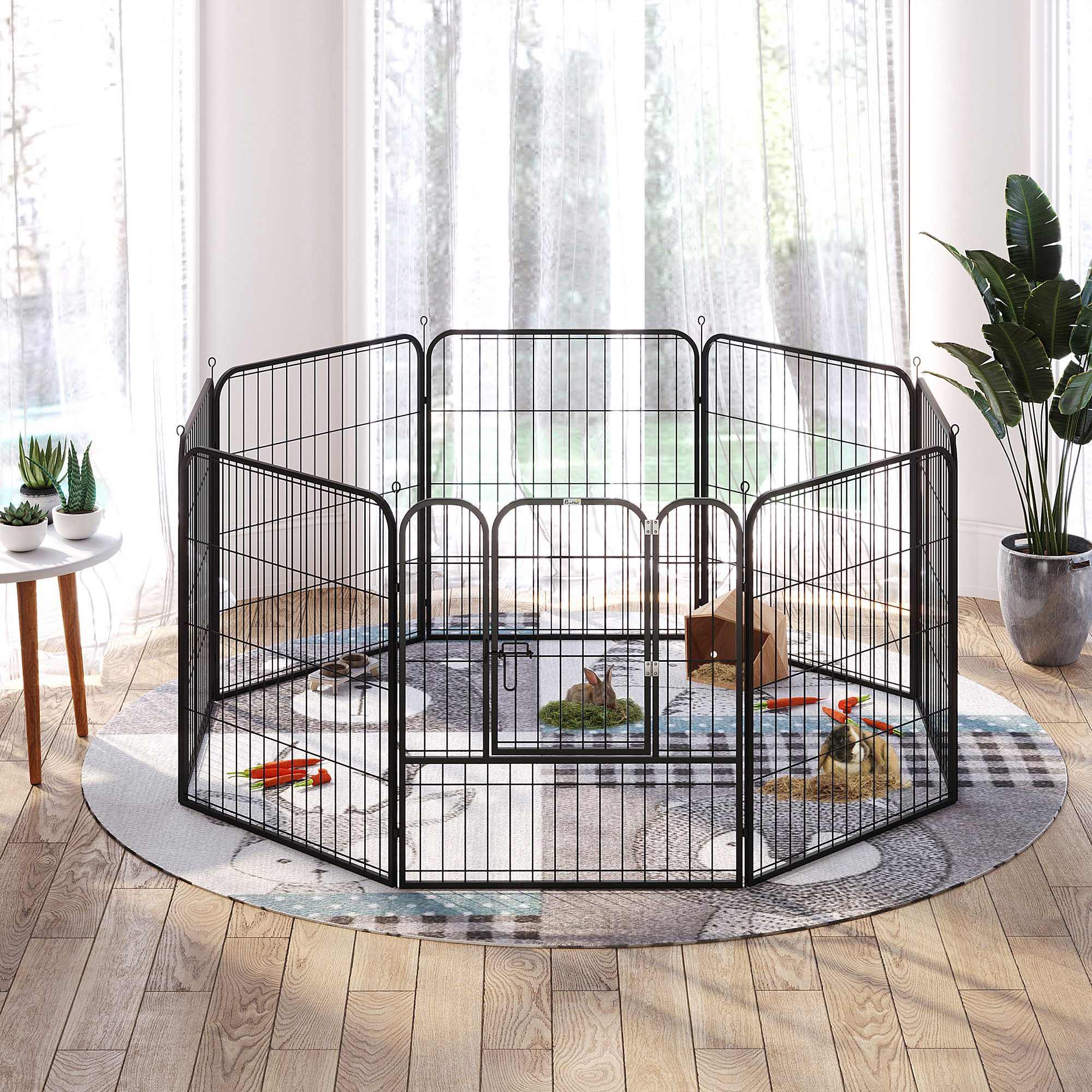 Welpenlaufstall, 8-teilig 80cm hoch Welpenauslauf mit abschließbarer Tür 8 Gitterplatten Stahl Hundelaufstall Freilaufgehege für kleine, mittlere Hunde, für drinnen und draußen, Grau